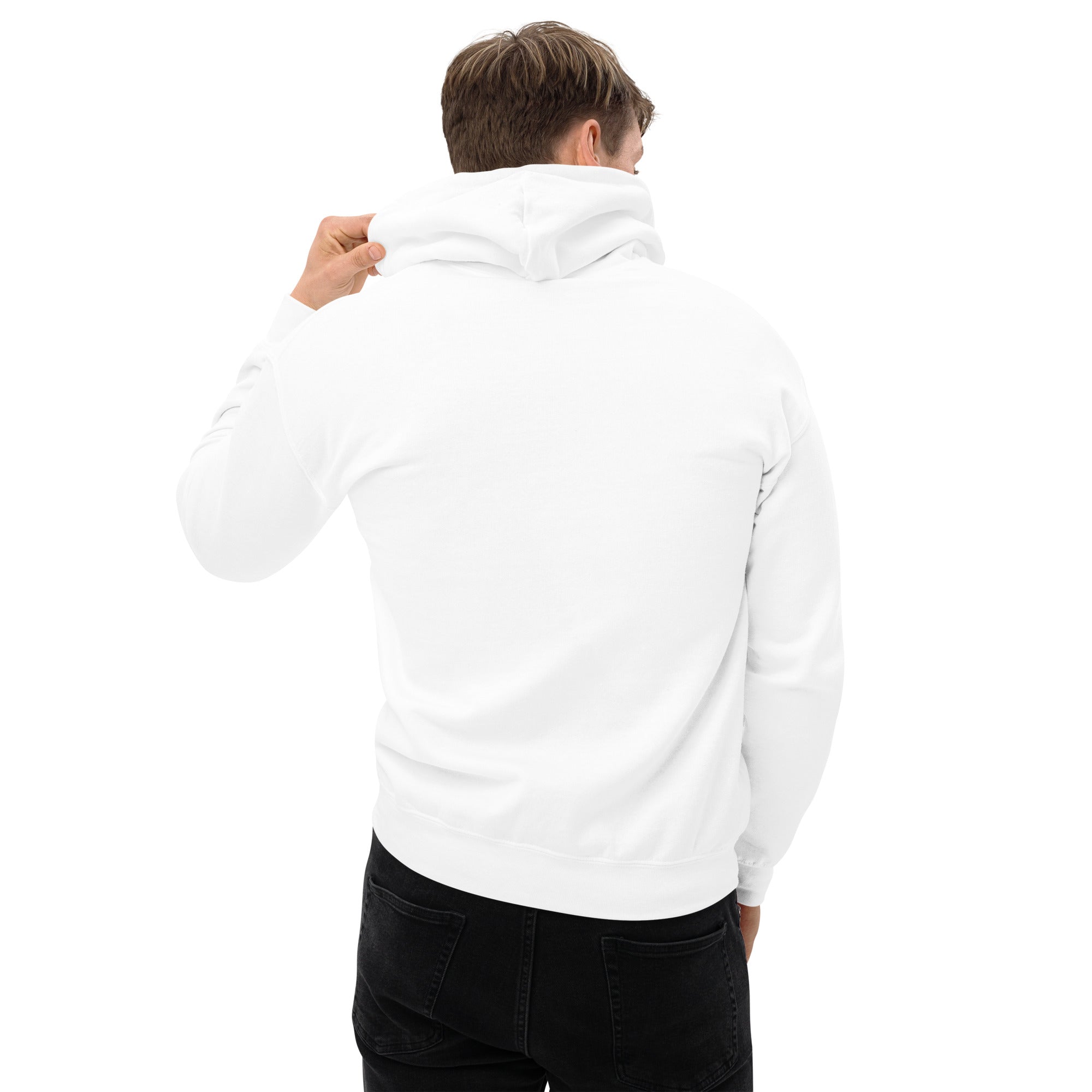 Person wearing a white hoodie with the back facing the camera on a white background