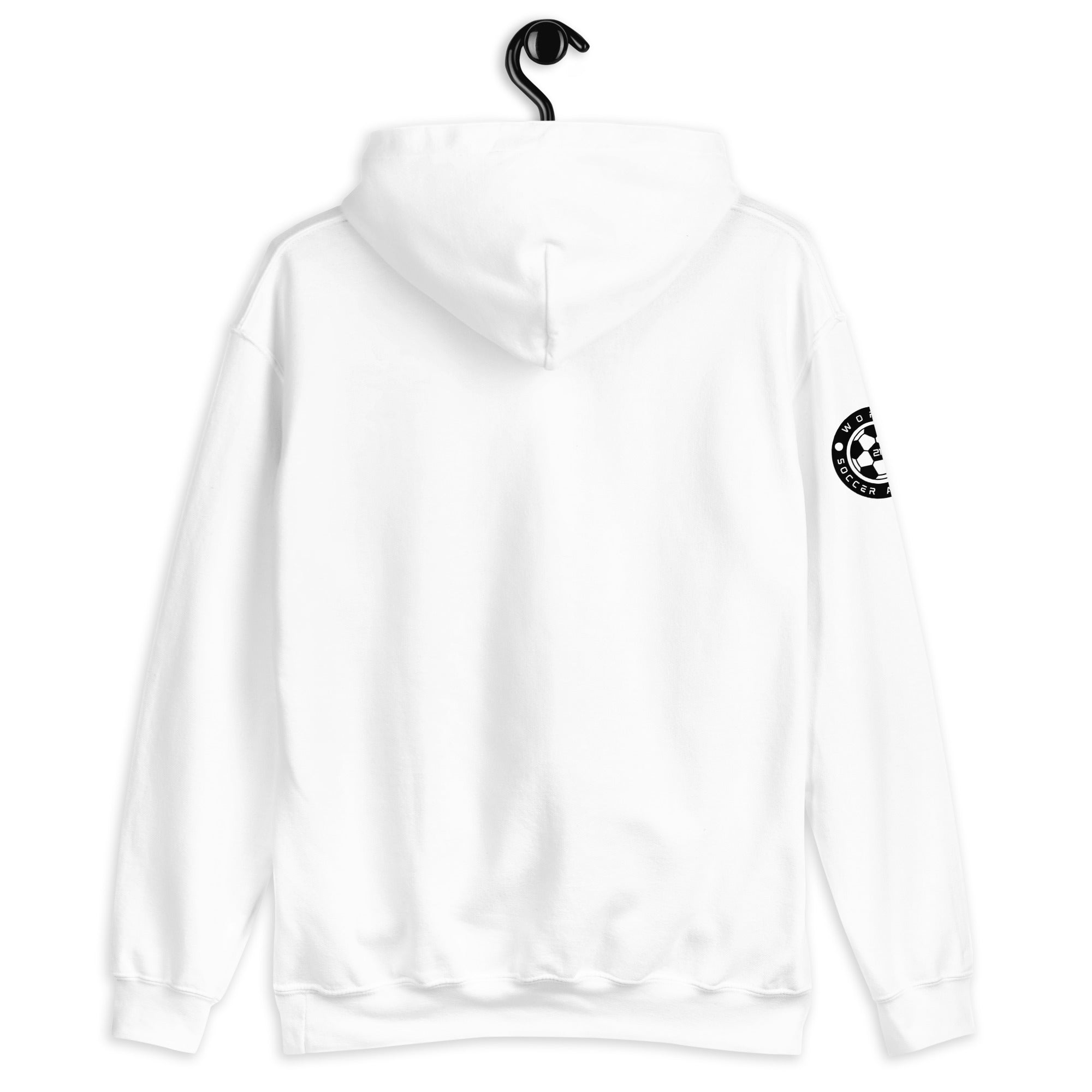 White hoodie with a logo on the sleeve, hanging on a black hook against a white background.