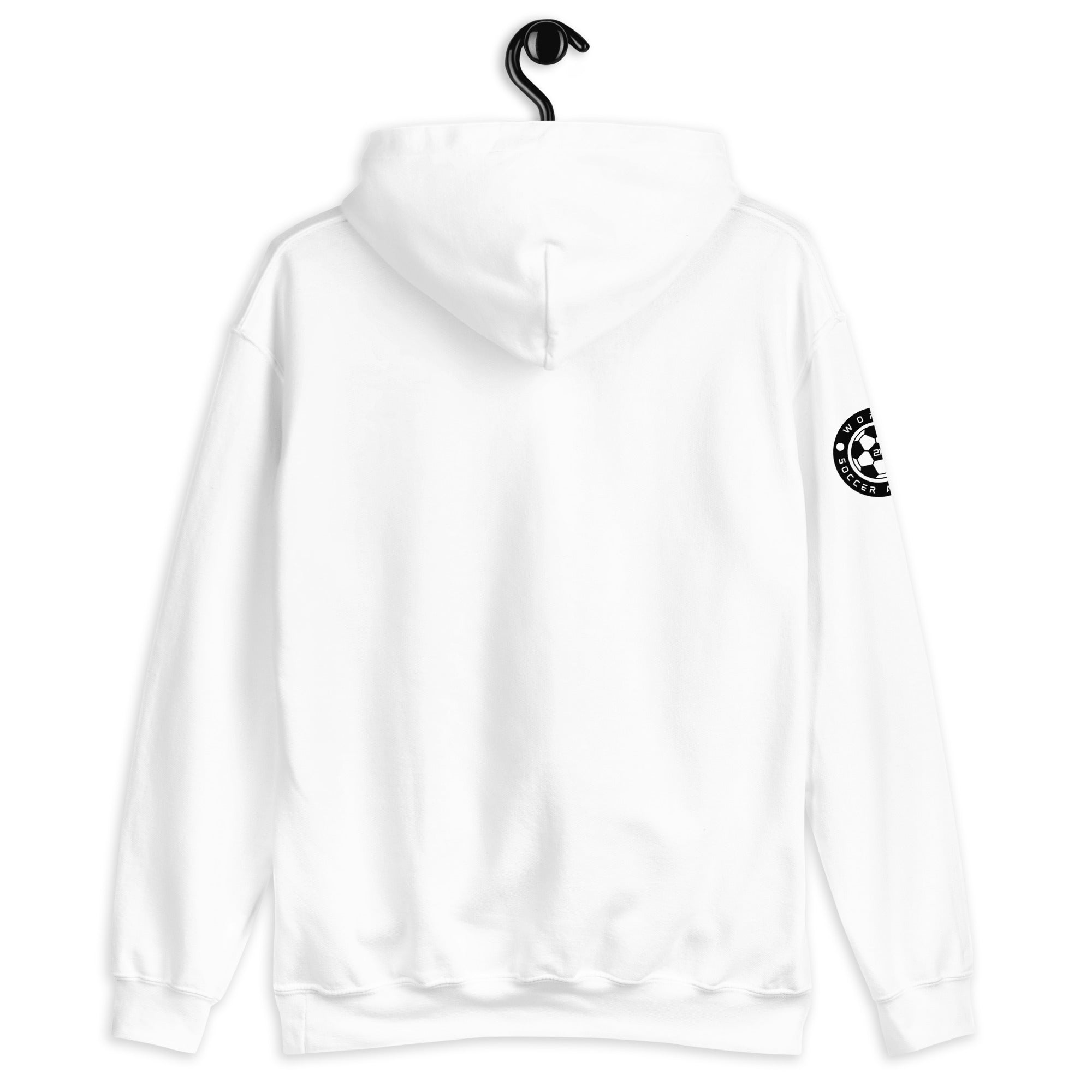White hoodie with a small black logo on the sleeve, hanging on a white background