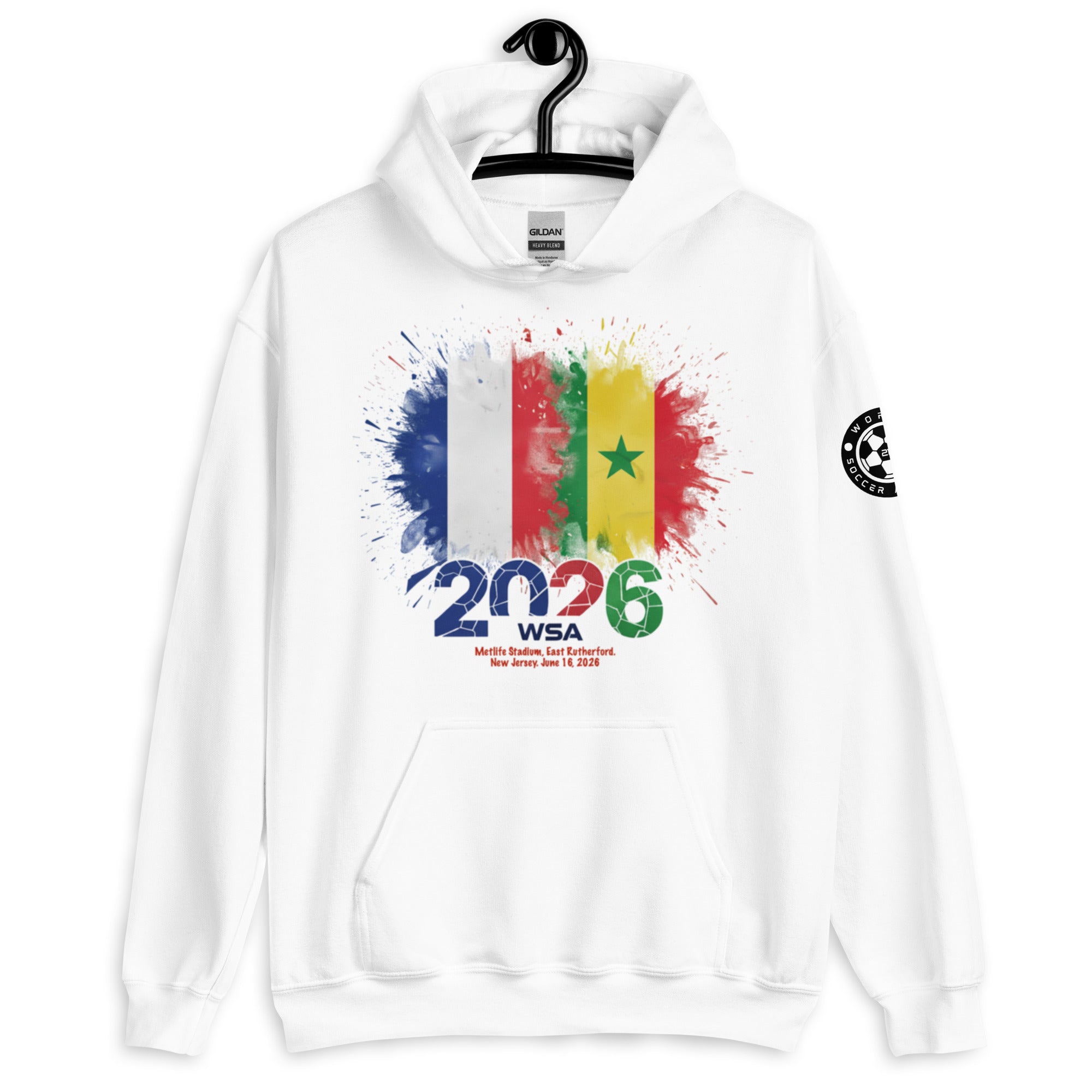 White hoodie with colorful design and text on a white background