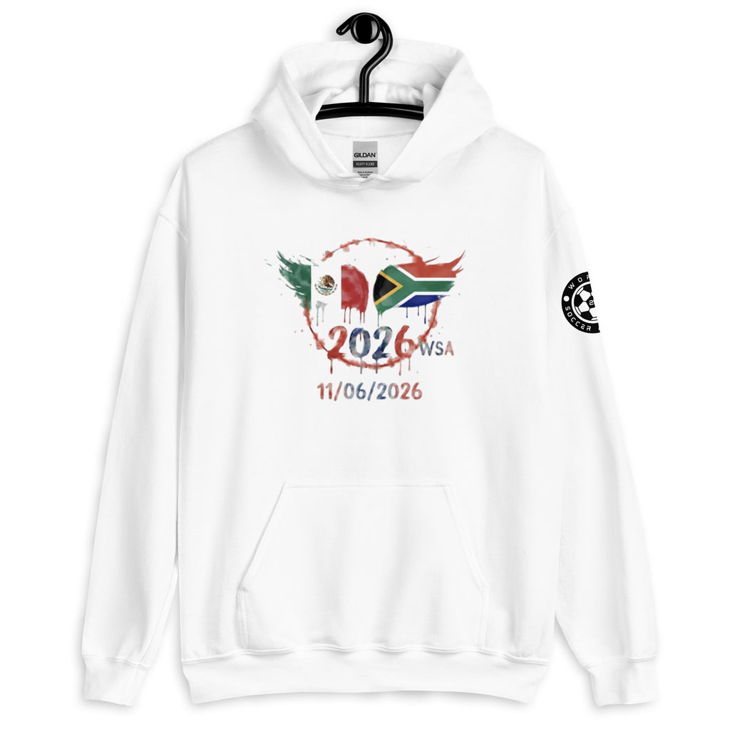 White hoodie with 2026 FIFA World Cup design featuring Mexico and South Africa flags on a hanger.