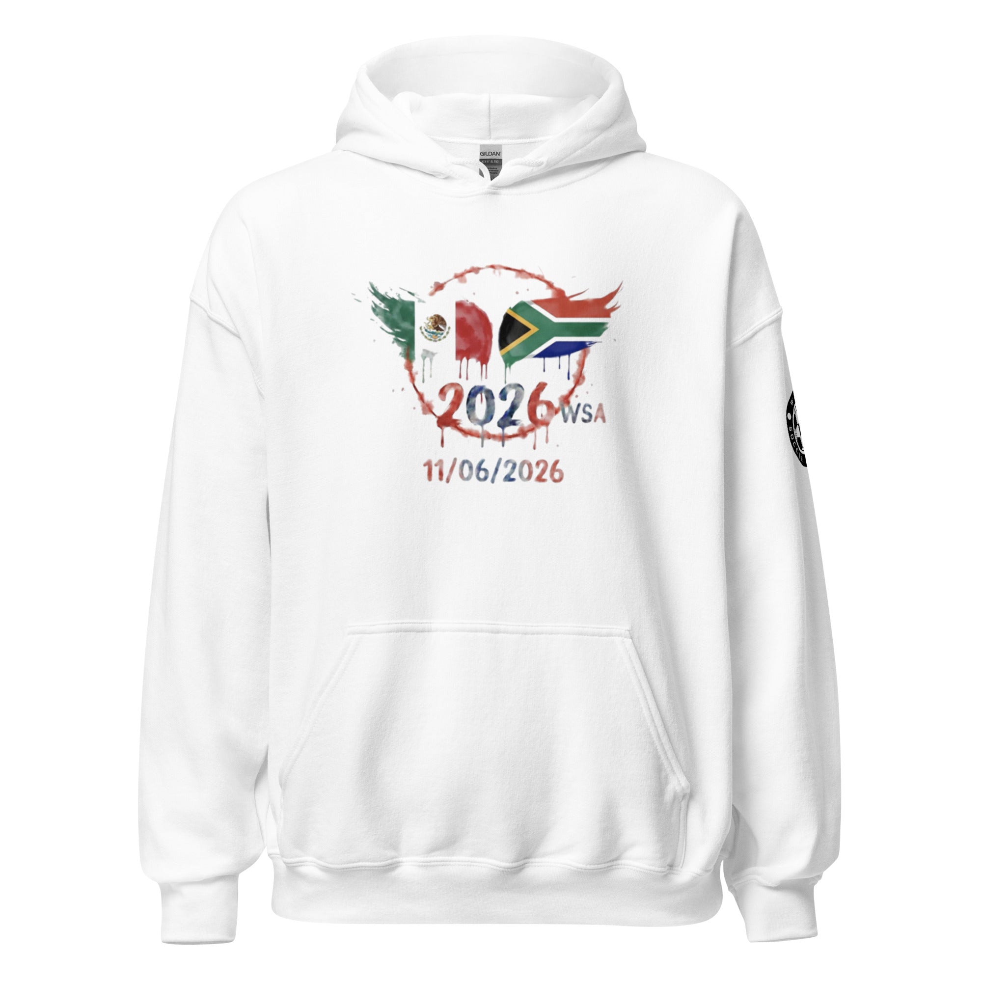 White hoodie with a colorful design and text on a white background