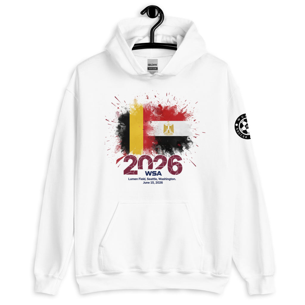 White hoodie with a graphic design on a white background