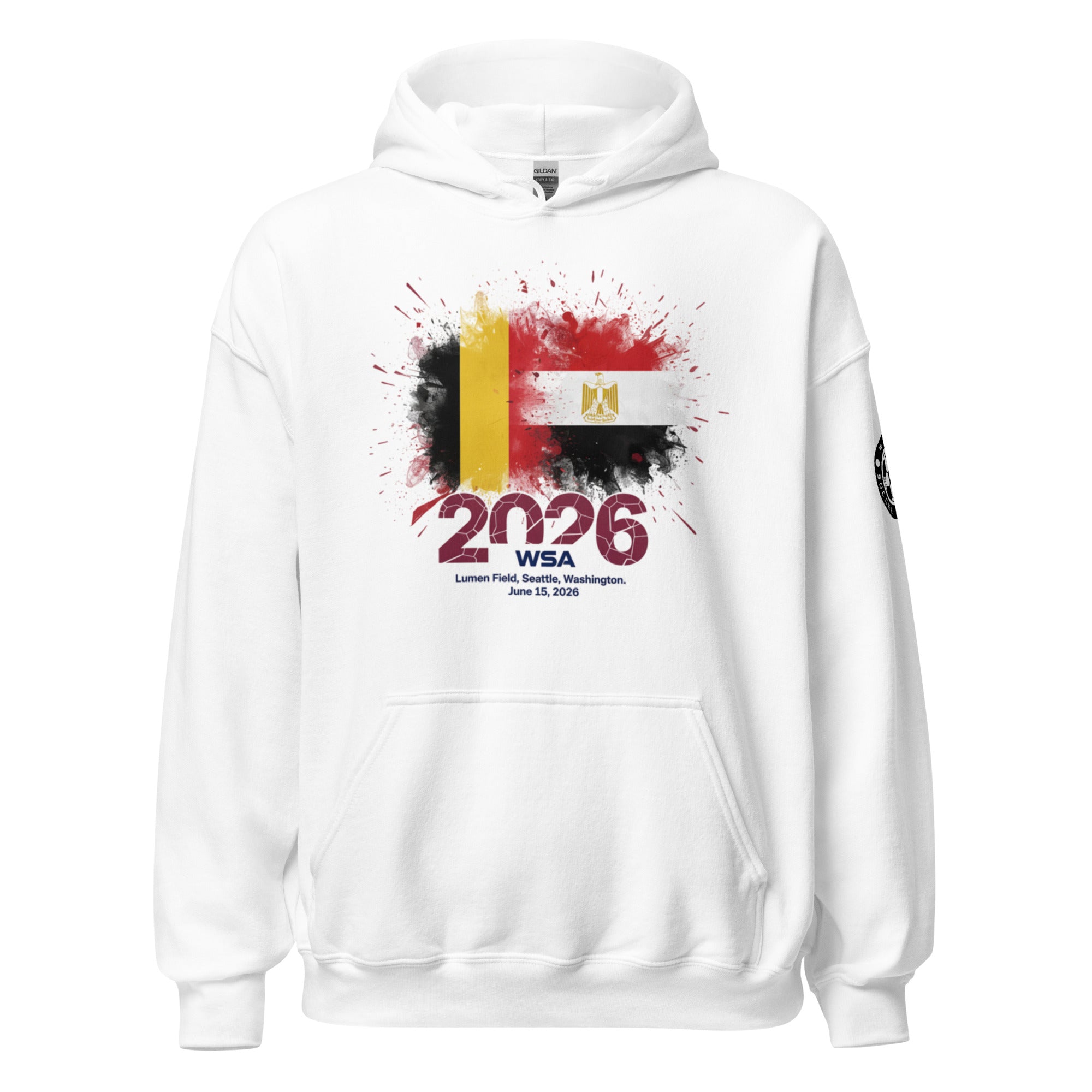 White hoodie with a flag design and text on a white background