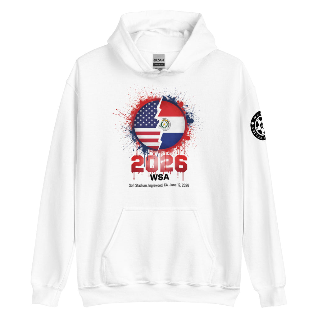 White hoodie with a colorful graphic design on a white background