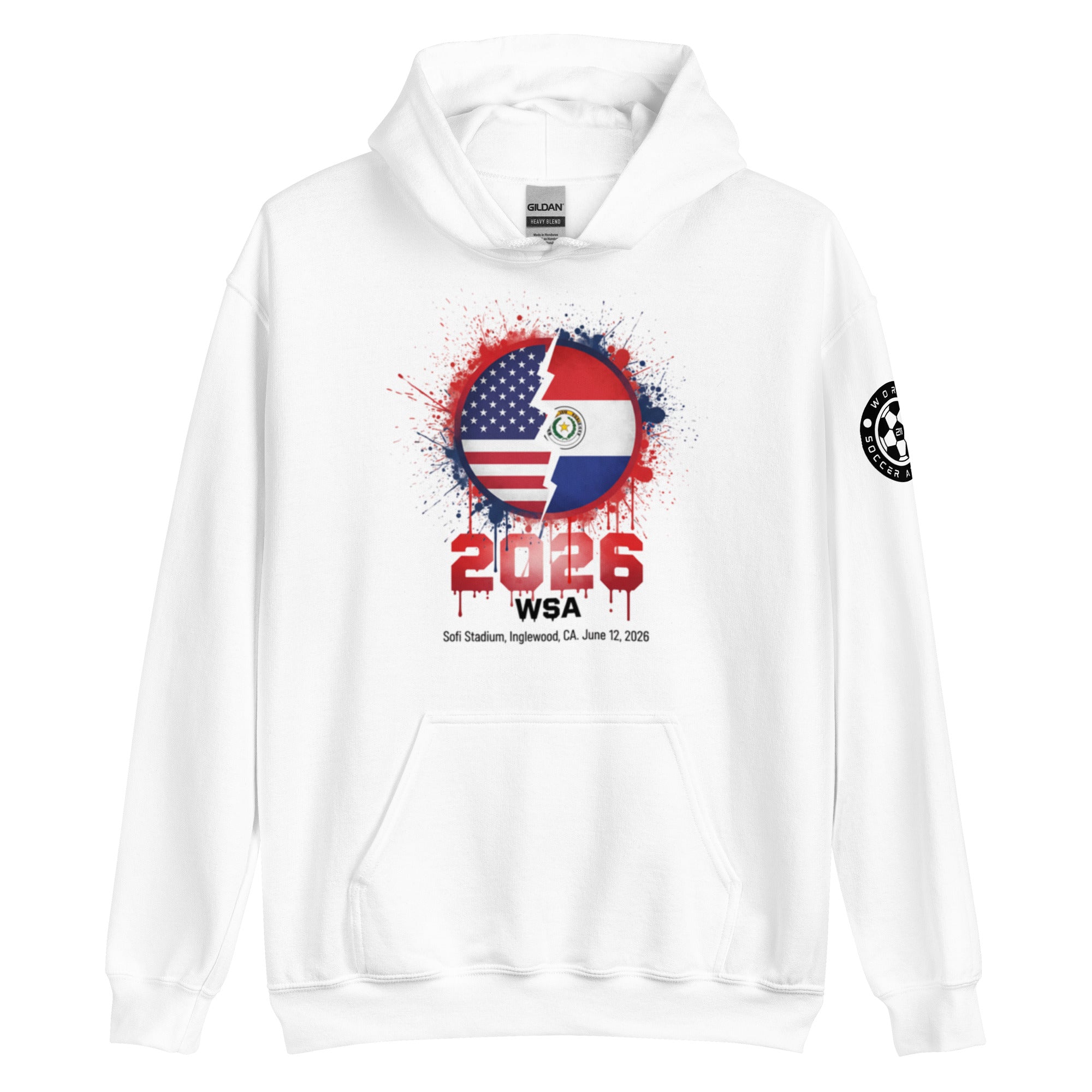 White hoodie with a colorful graphic design on a white background