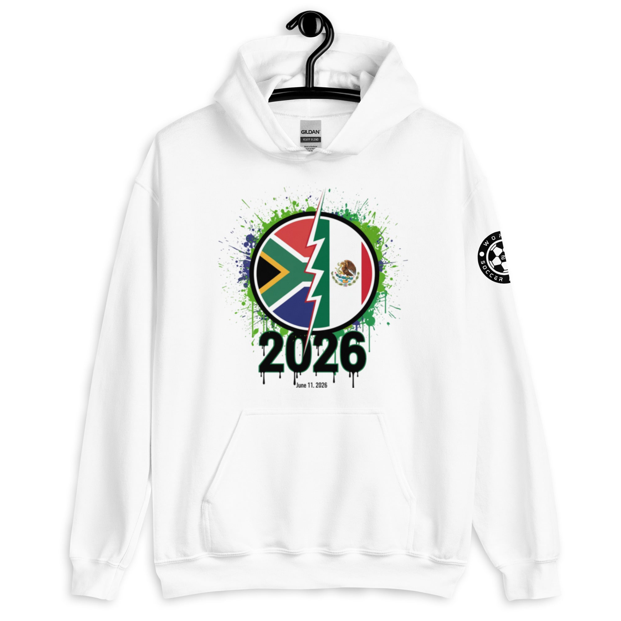 White hoodie with a colorful design featuring a flag and '2026' text on a white background.