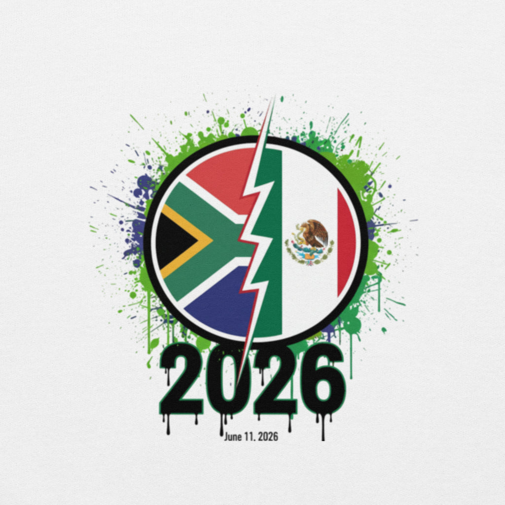 Design with South African and Mexican flags and '2026' on a gray background