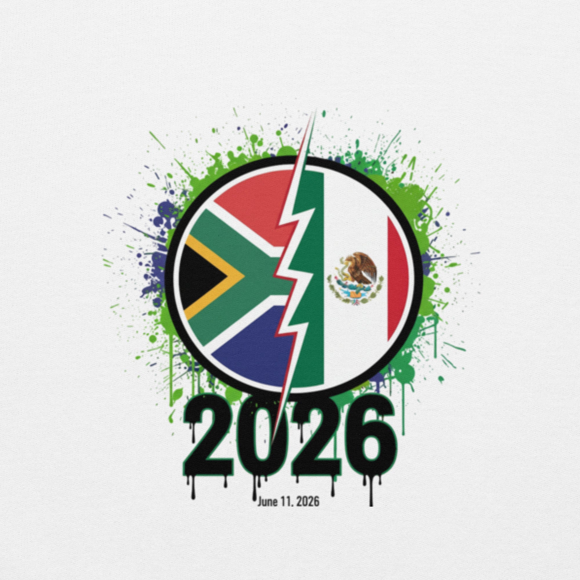 Design with South African and Mexican flags and '2026' on a gray background