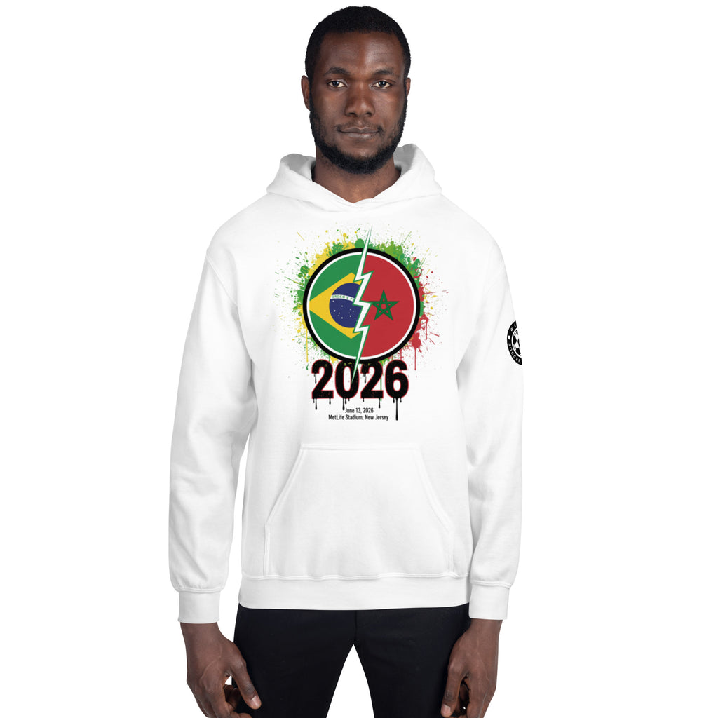 Person wearing a white hoodie with a colorful design and '2026' text on a white background