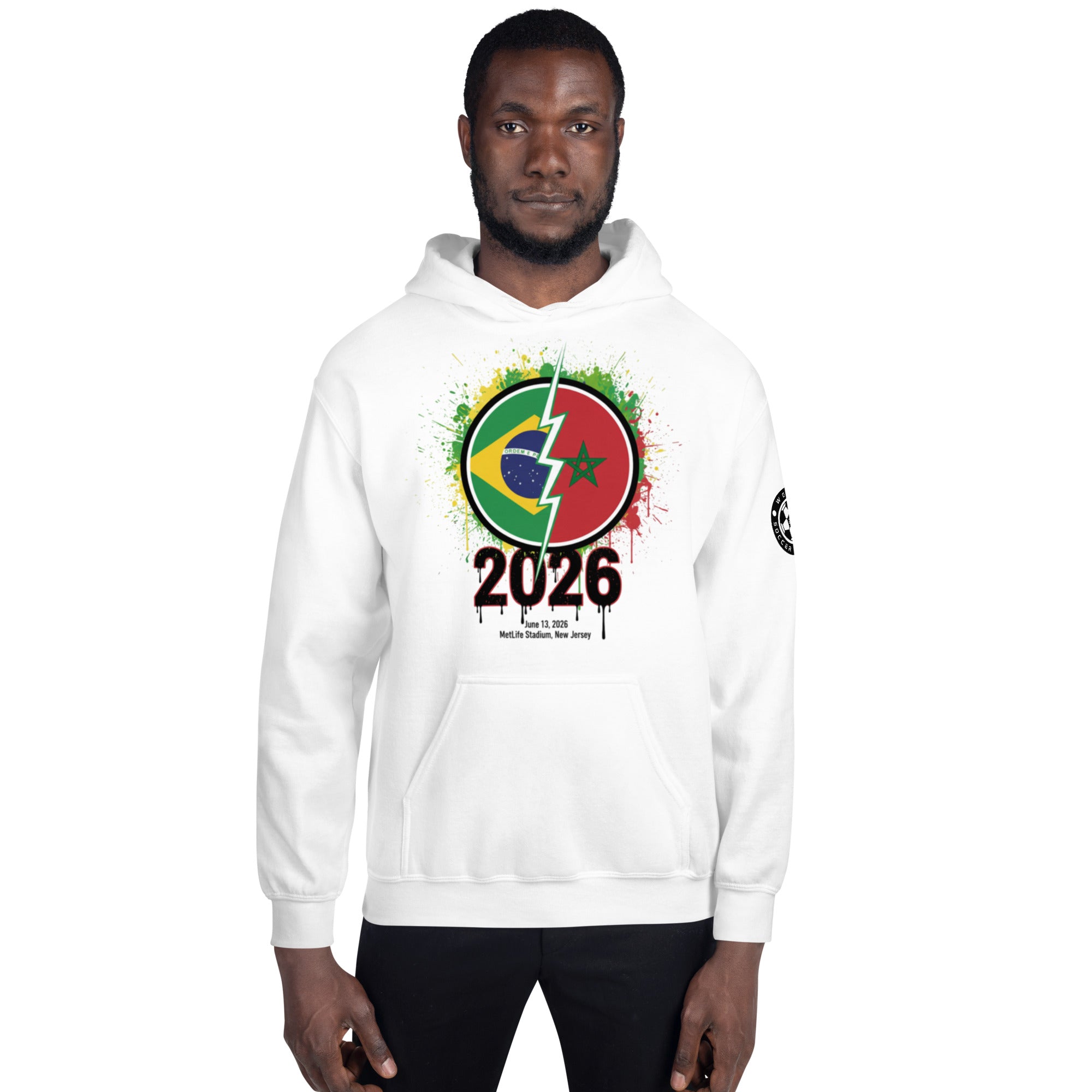 Person wearing a white hoodie with a colorful design and '2026' text on a white background