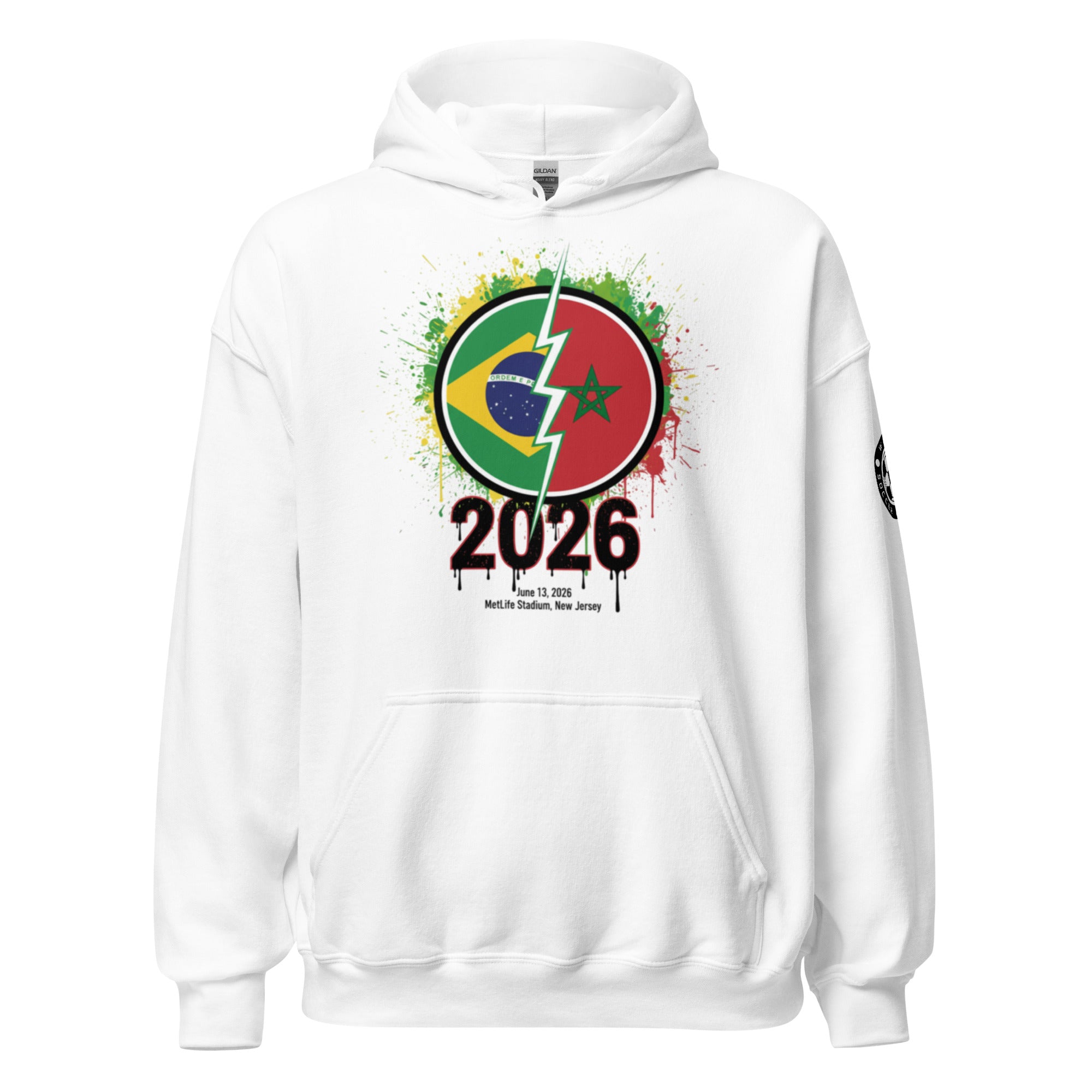 White hoodie with a colorful graphic design featuring numbers '2026' and two flags on a white background.