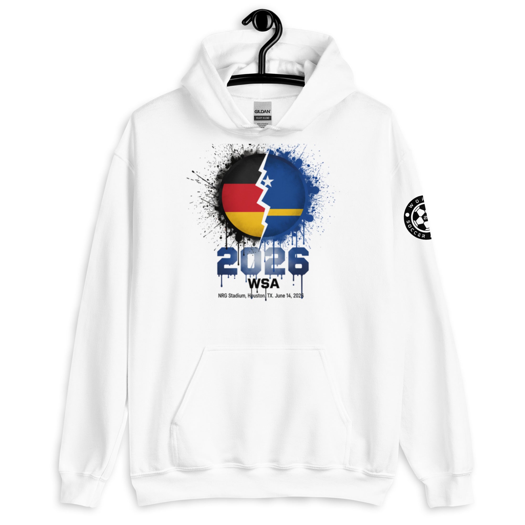 White hoodie with a design of two flags and the number 2026 on a hanger against a white background