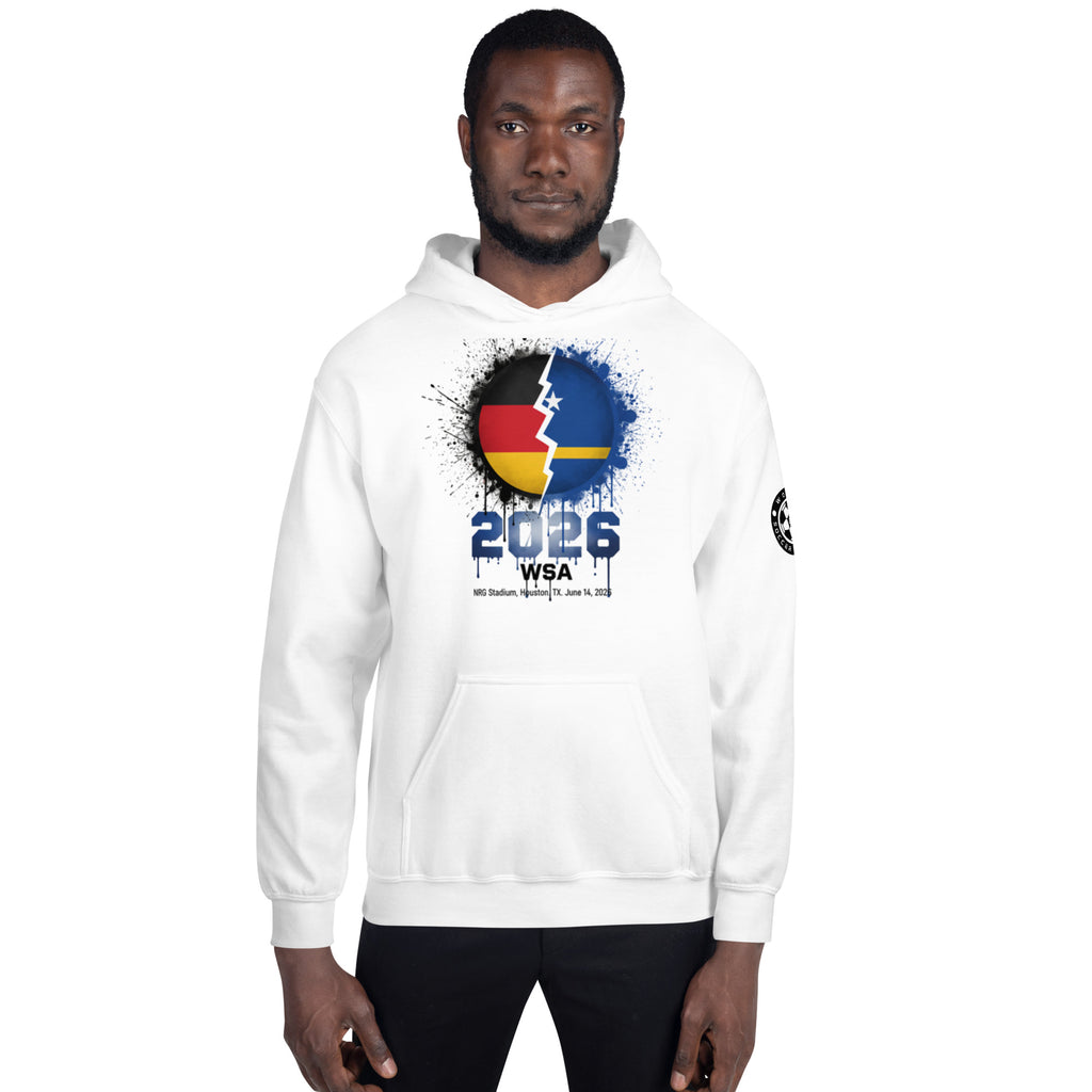 Person wearing a white hoodie with a colorful design and text on a white background