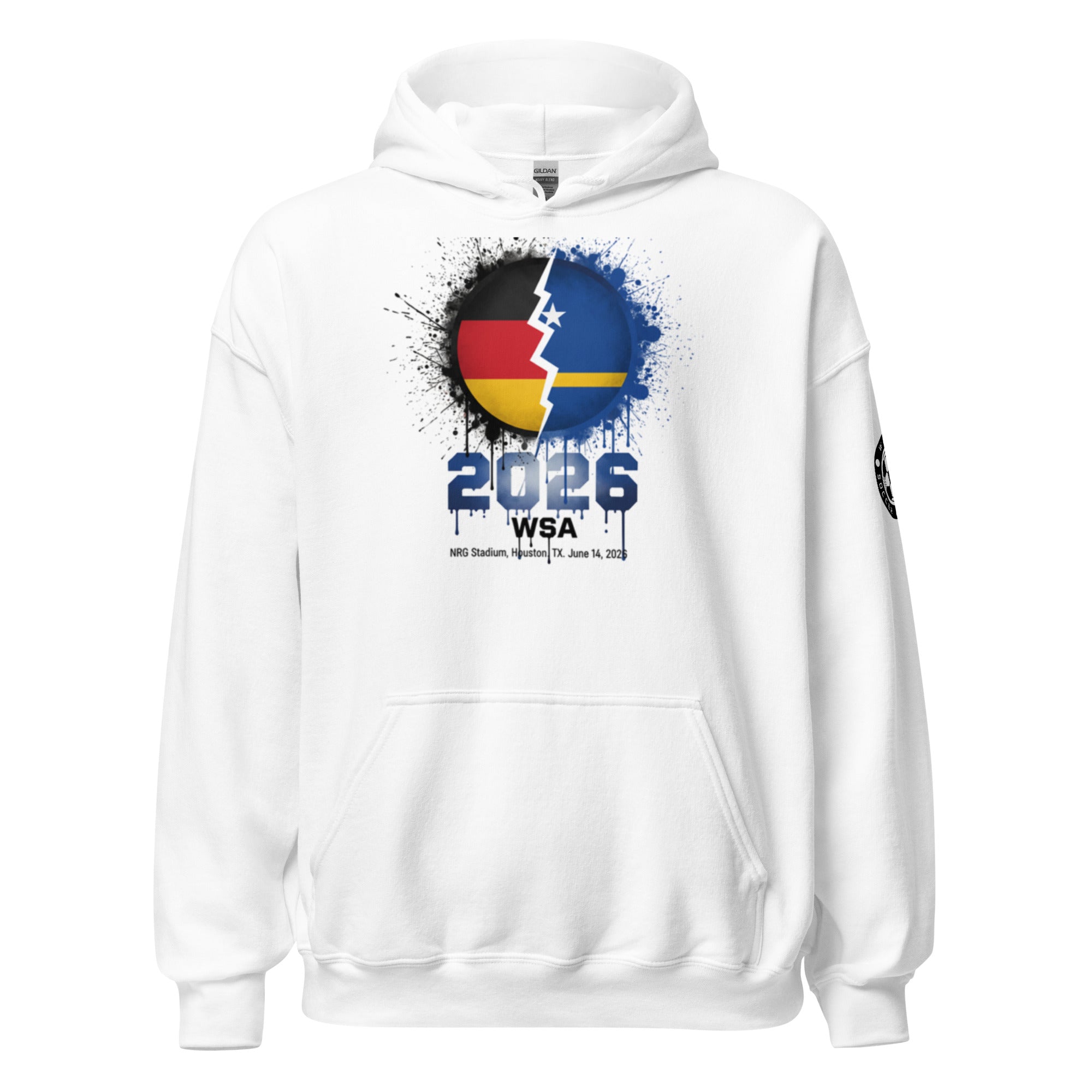 White hoodie with a design of two intersecting circles, one with German and one with Swiss flags, and the number 2026 WSA on a white background.