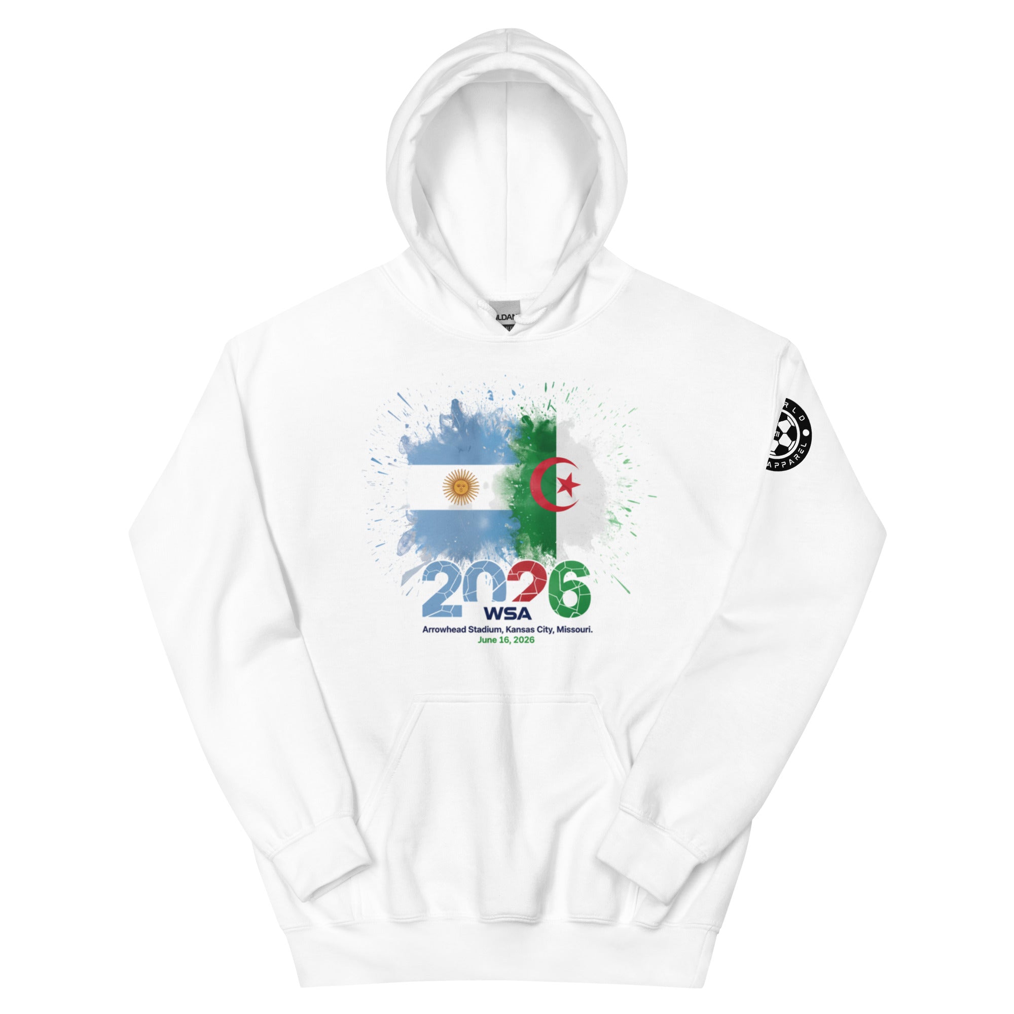 White hoodie with 2026 World Cup design on a white background