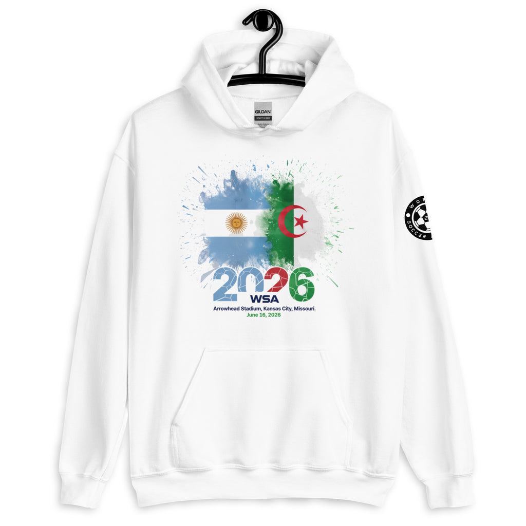 White hoodie with colorful design and text on a white background