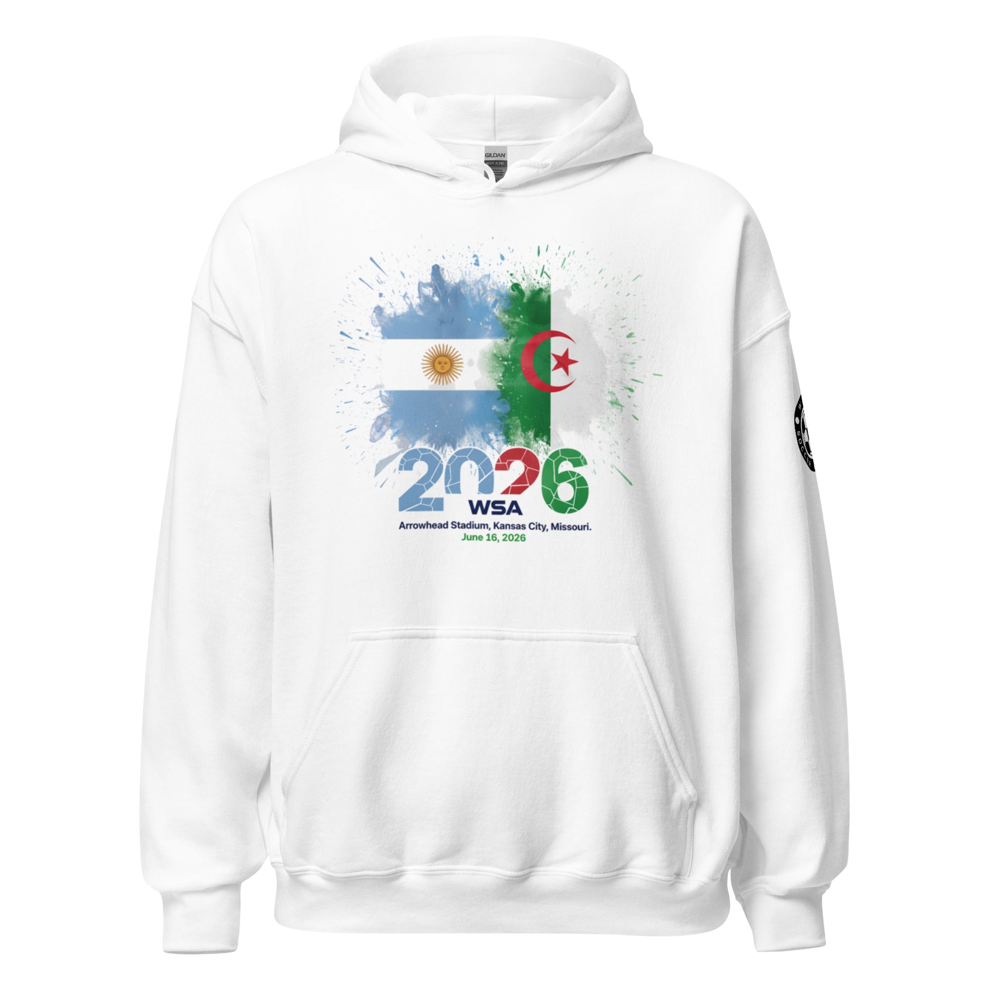 White hoodie with colorful design featuring flags and text on a white background