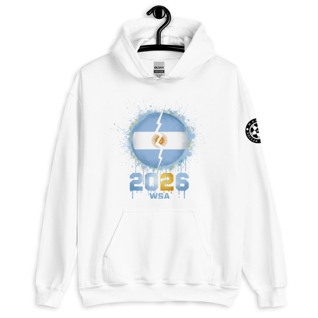 White hoodie with a design featuring a flag and '2023 WSA' text on a white background