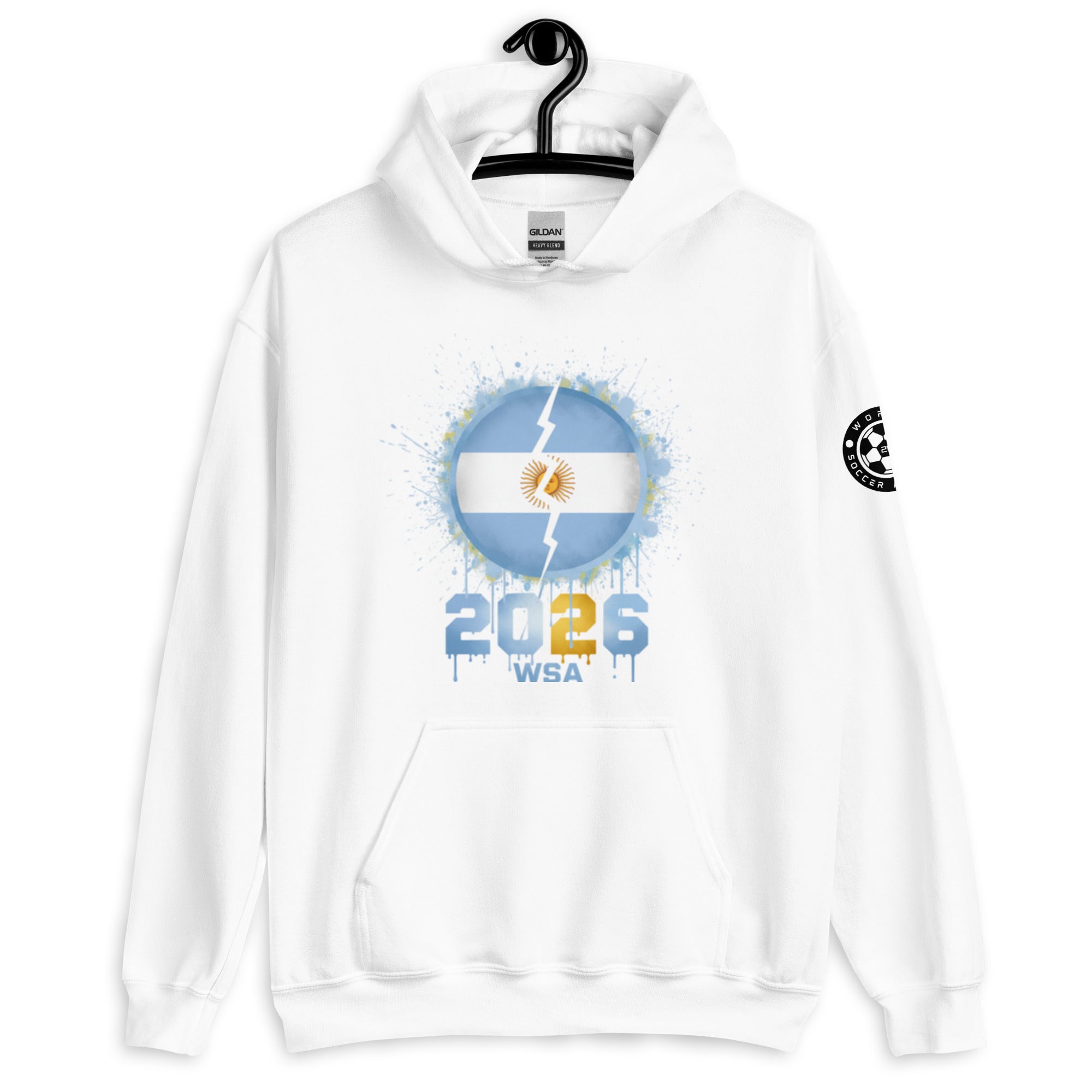 White hoodie with a design featuring a flag and '2023 WSA' text on a white background