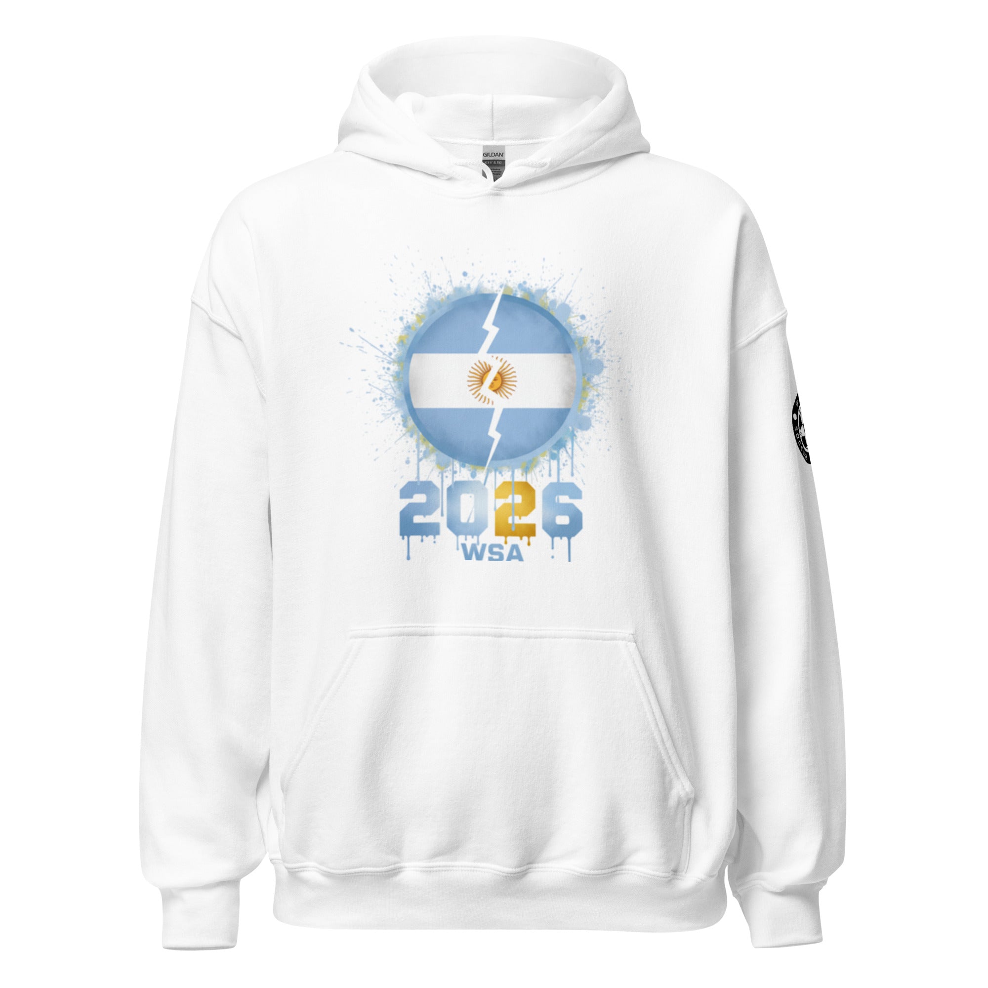 White hoodie with a graphic design on the chest against a white background