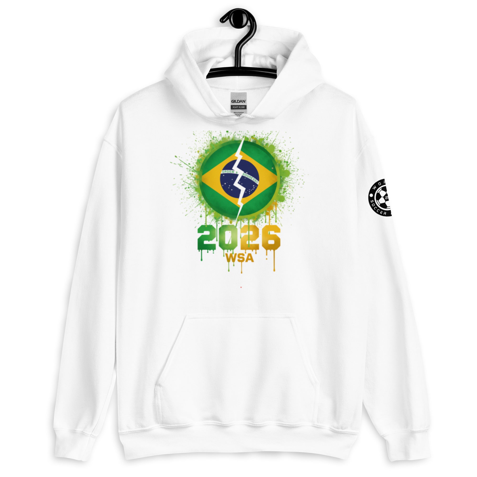 White hoodie with Brazilian flag design and '2026 WSA' text on a white background