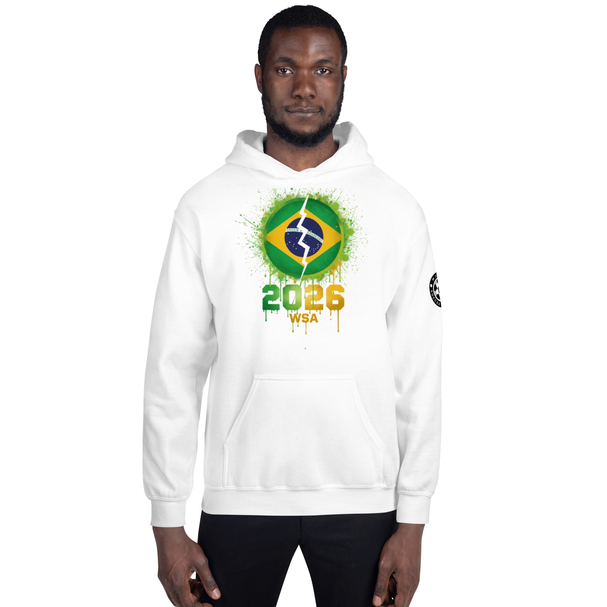 White hoodie with a Brazilian flag design and '2026 WSA' text on a white background
