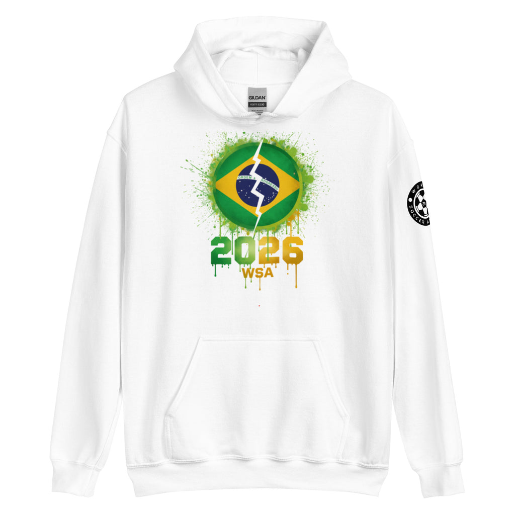 White hoodie with Brazilian flag design and '2026 WSA' text on a white background