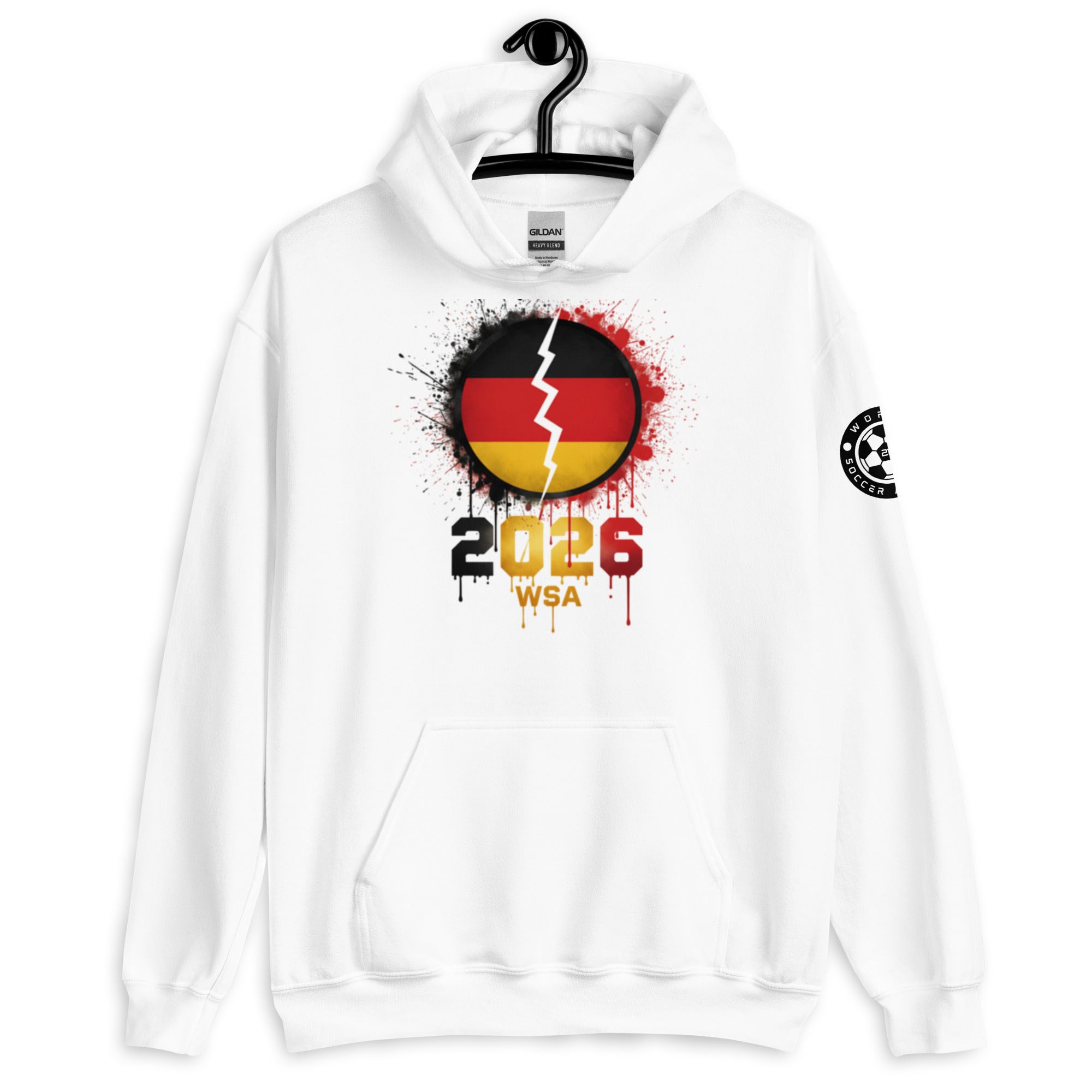 White hoodie with a design featuring a flag and '2026 WSA' text on a white background