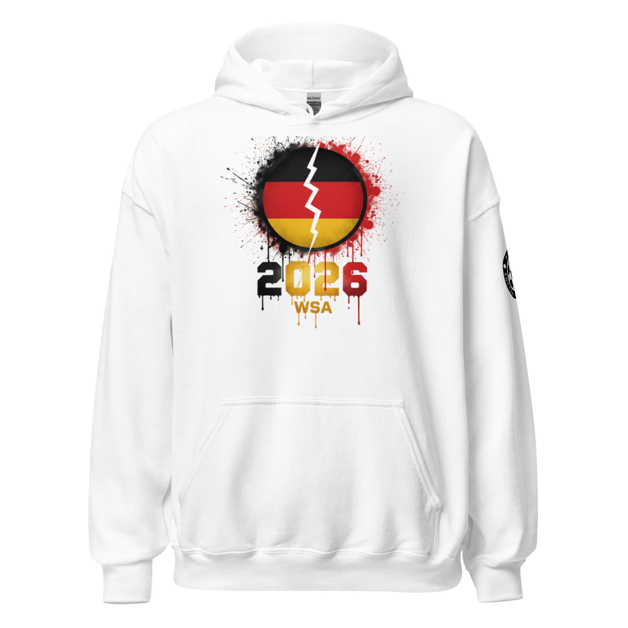 White hoodie with a design featuring a broken circle, numbers, and letters on a white background