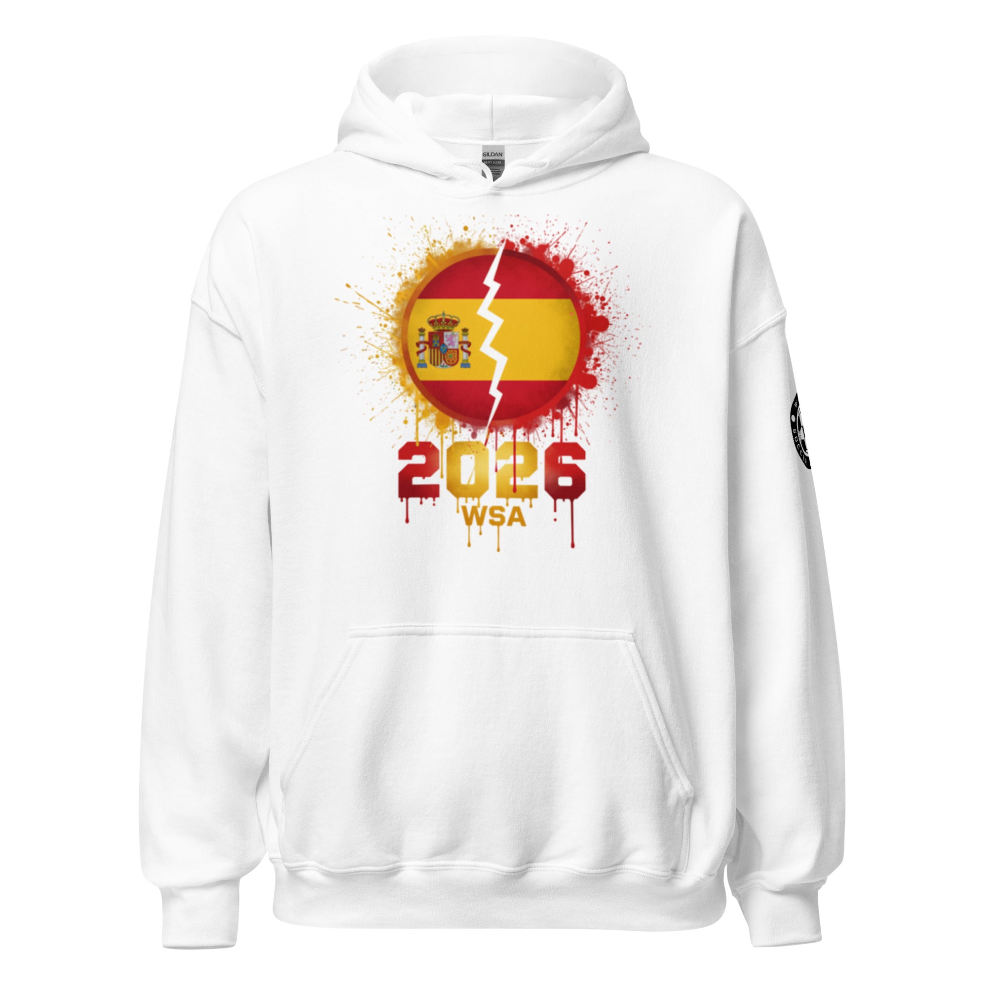 White hoodie with a design featuring a flag and '2026 WSA' text on a white background