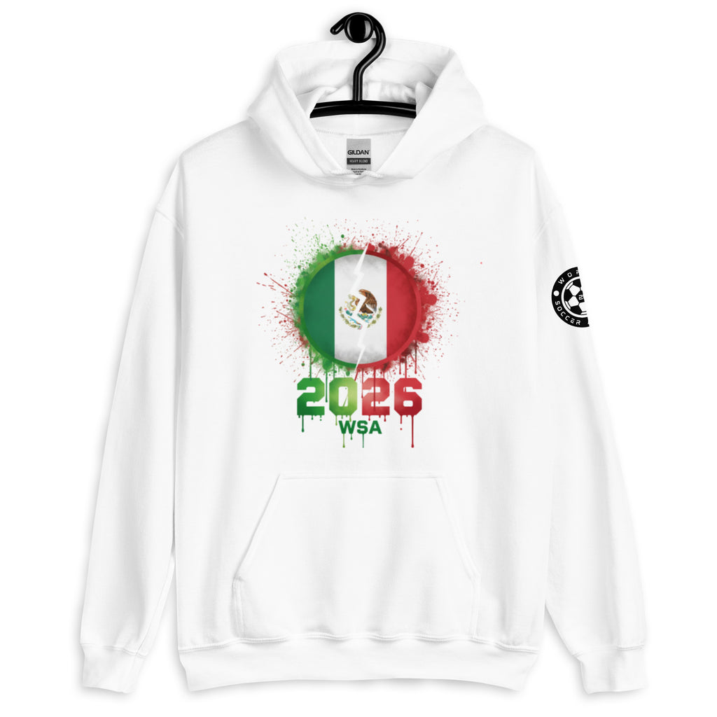 White hoodie with Mexican flag design and '2026 WSA' text on a white background
