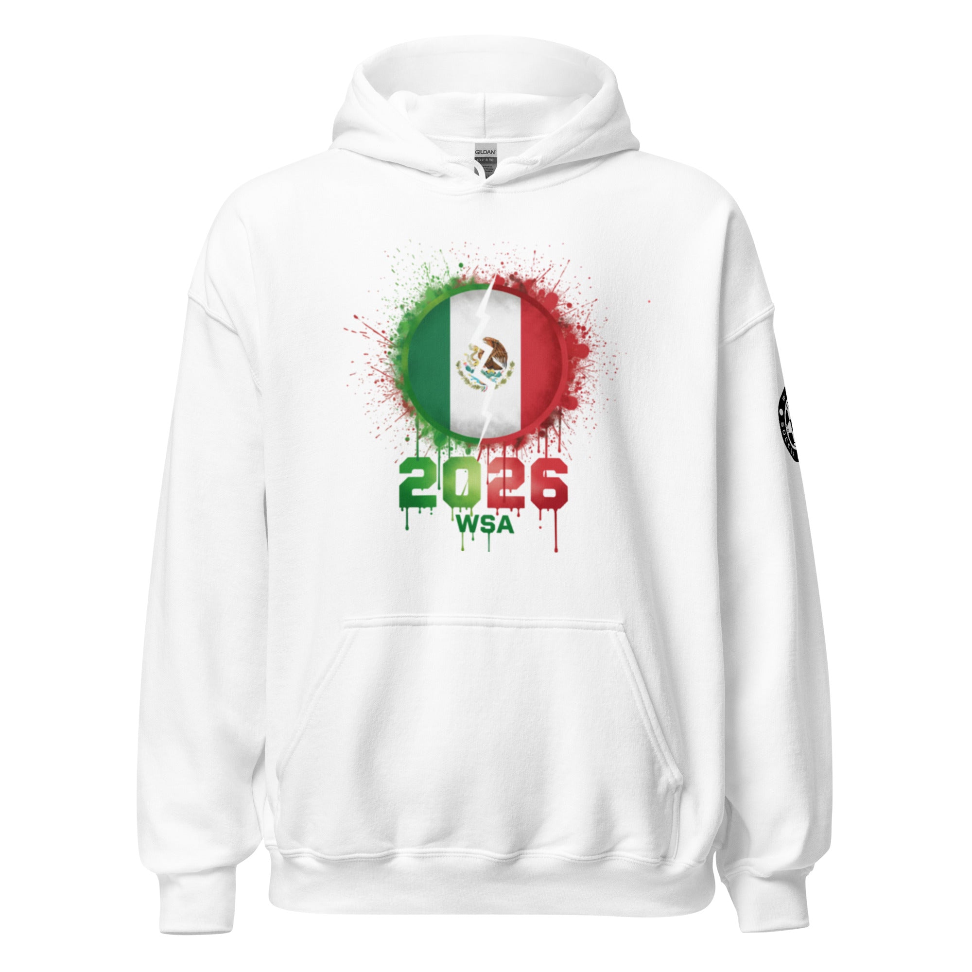 White hoodie with Mexican flag design and '2026 WSA' text on a white background
