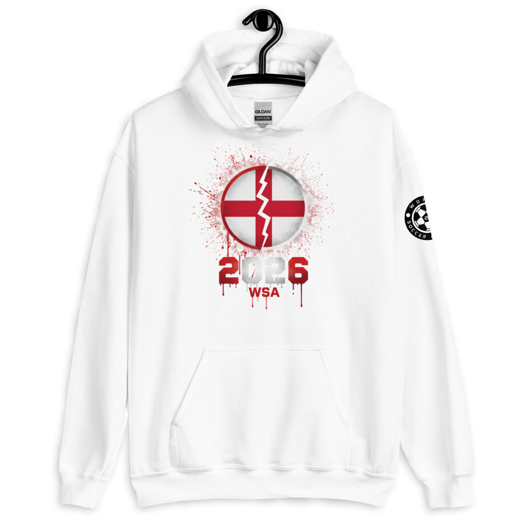 White hoodie with red and black design on a white background
