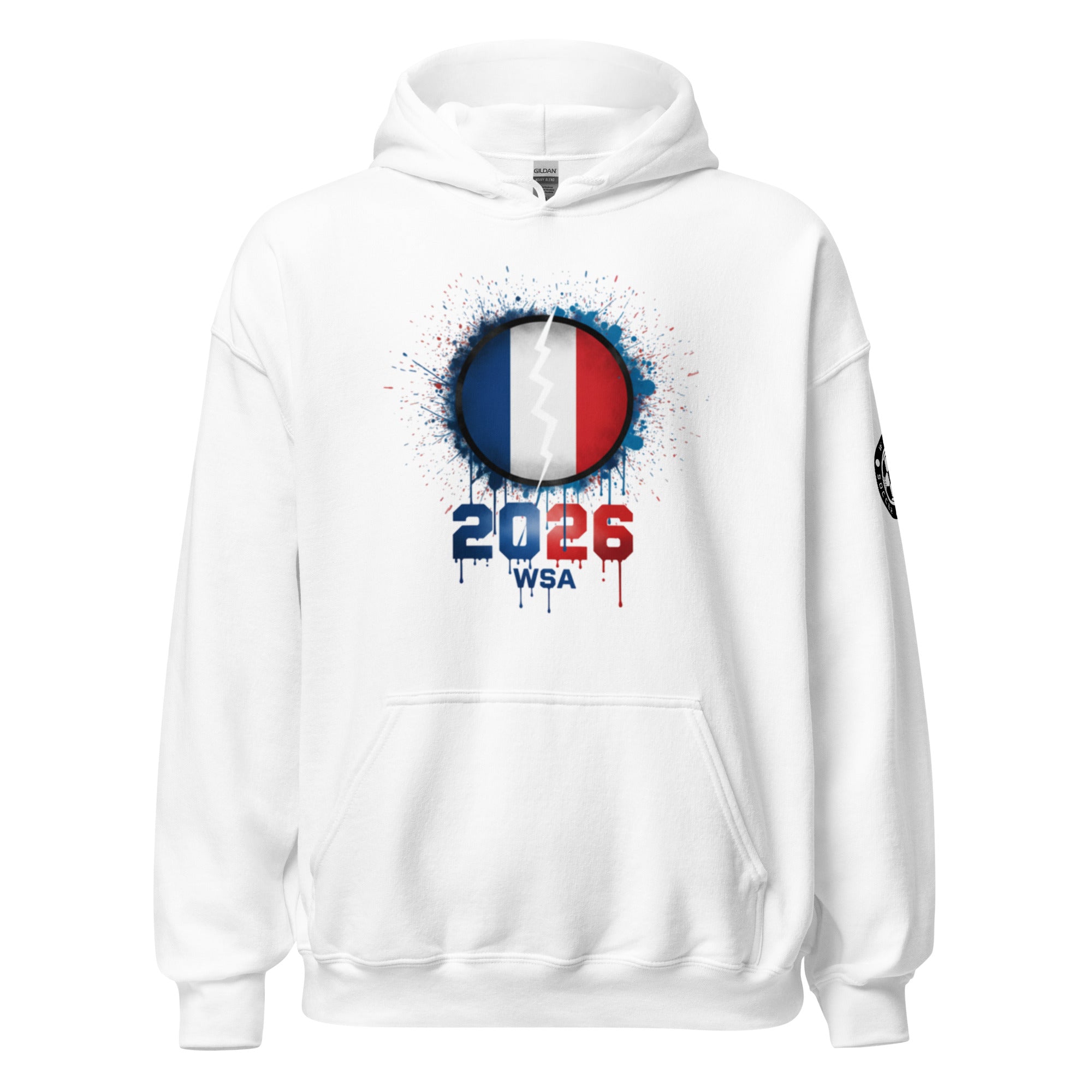 White hoodie with a design featuring the number 2026 and text on a white background
