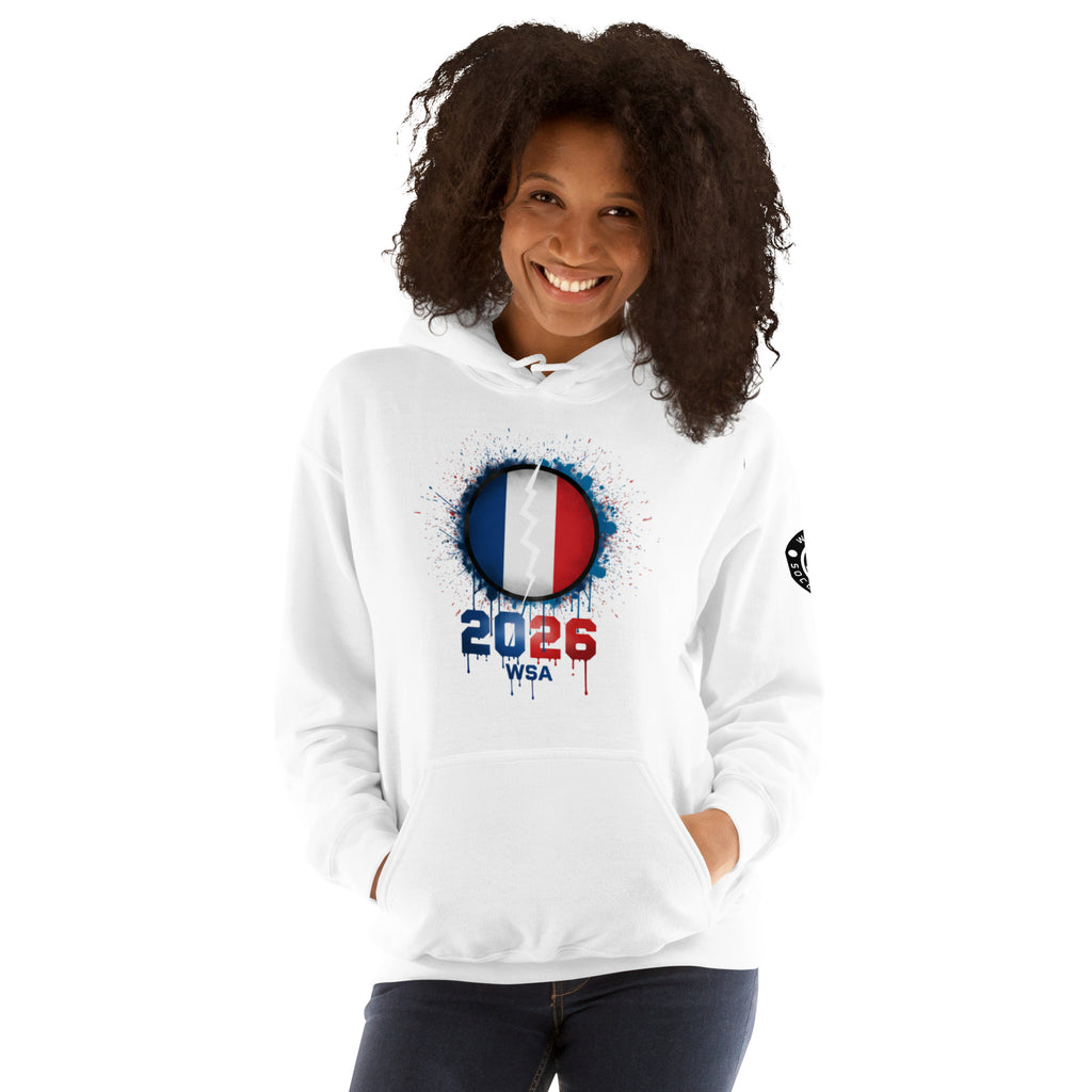 Person wearing a white hoodie with a design featuring France's flag and '2026 WSA' text on a white background