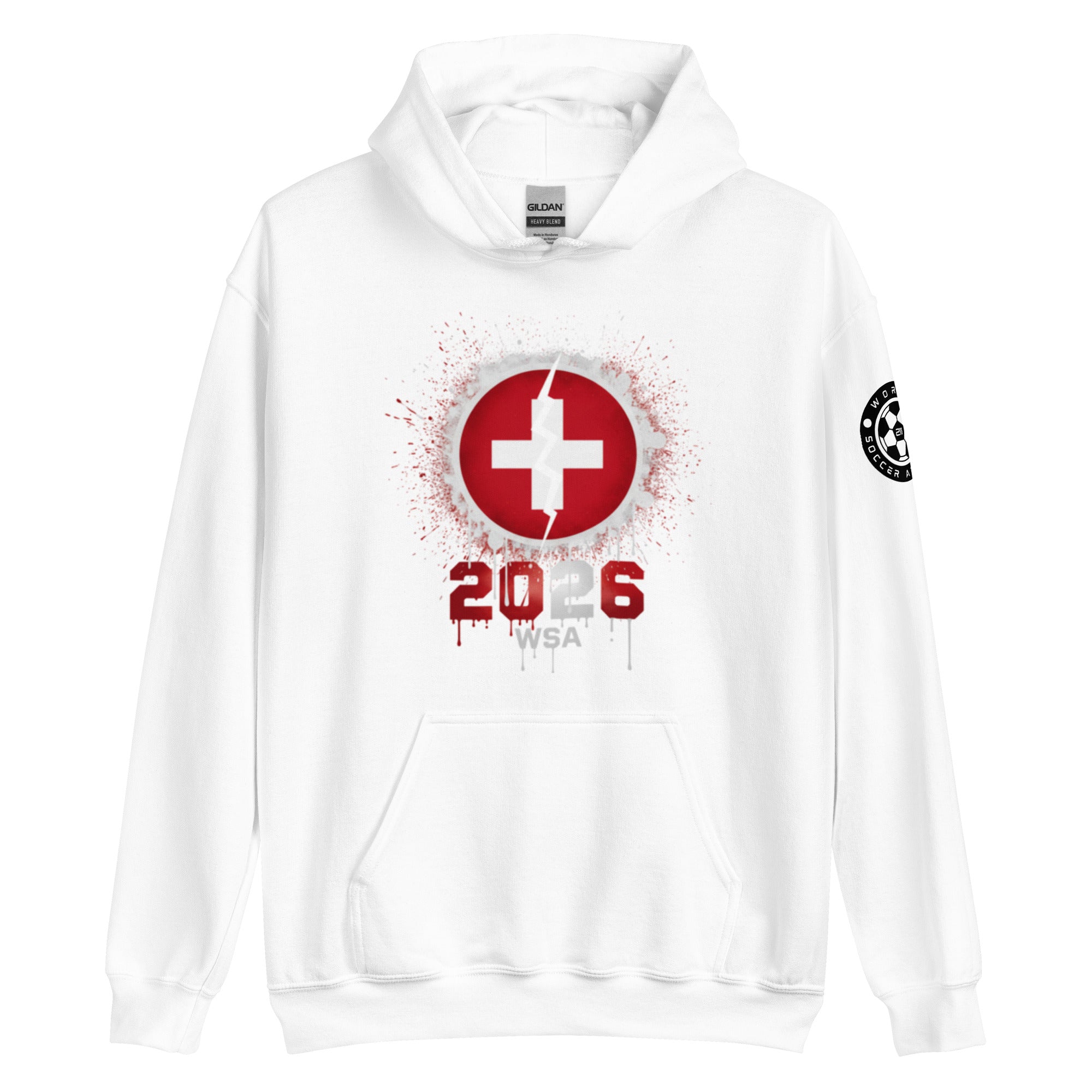 White hoodie with red and black design on a white background