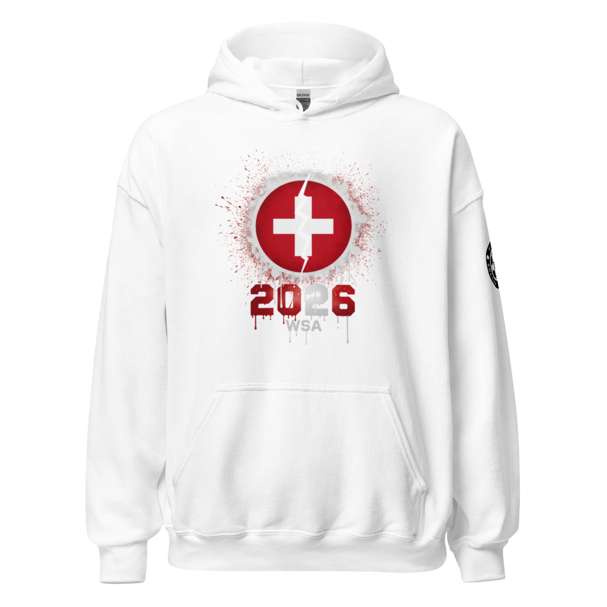 White hoodie with red and black design on a white background
