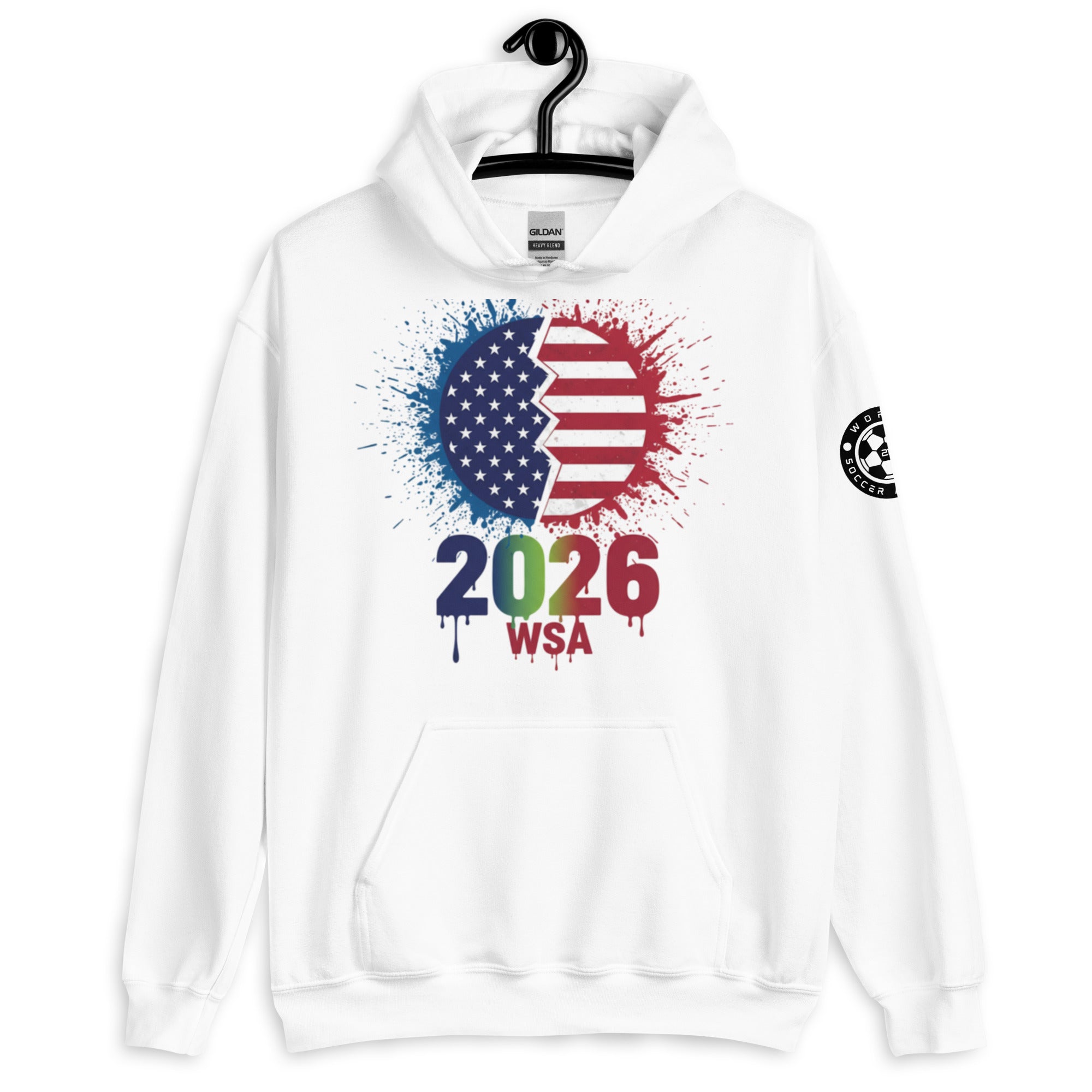 White hoodie with American flag design and '2026 WSA' text on a white background