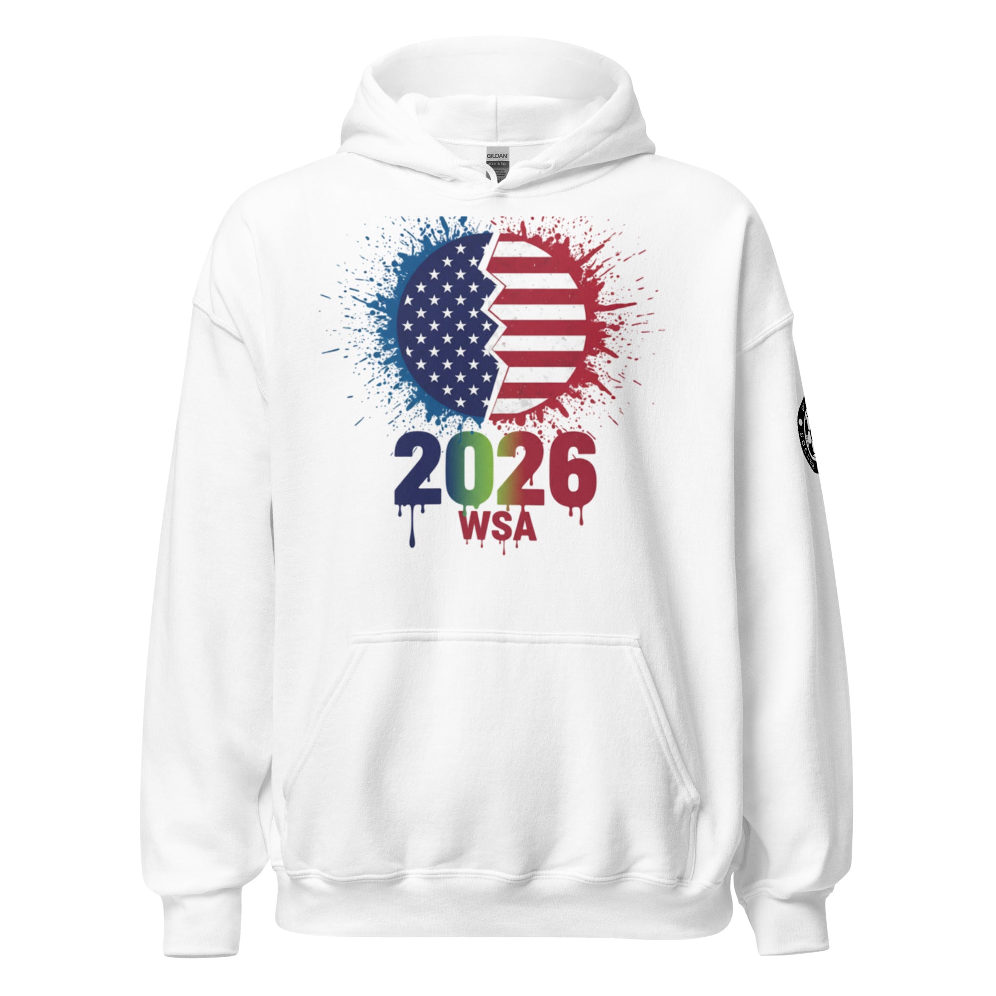 White hoodie with colorful design featuring two half-splashed flags and '2026 WSA' text on a white background