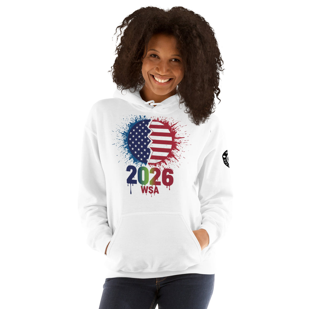 Person wearing a white hoodie with a colorful design and text on a white background
