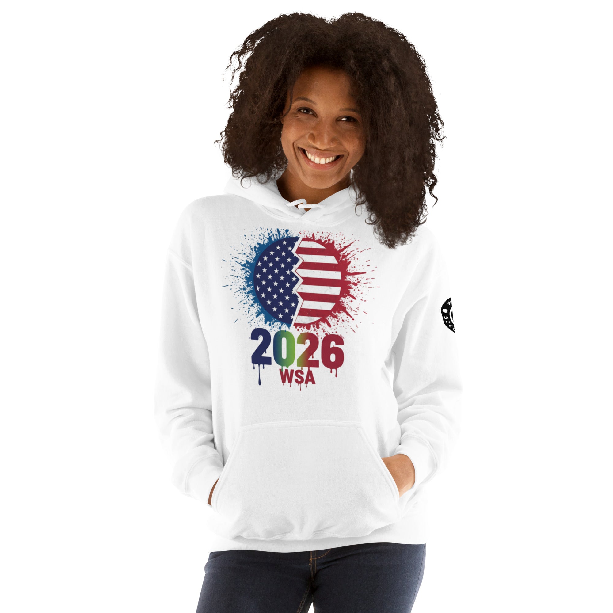 Person wearing a white hoodie with a colorful design and text on a white background