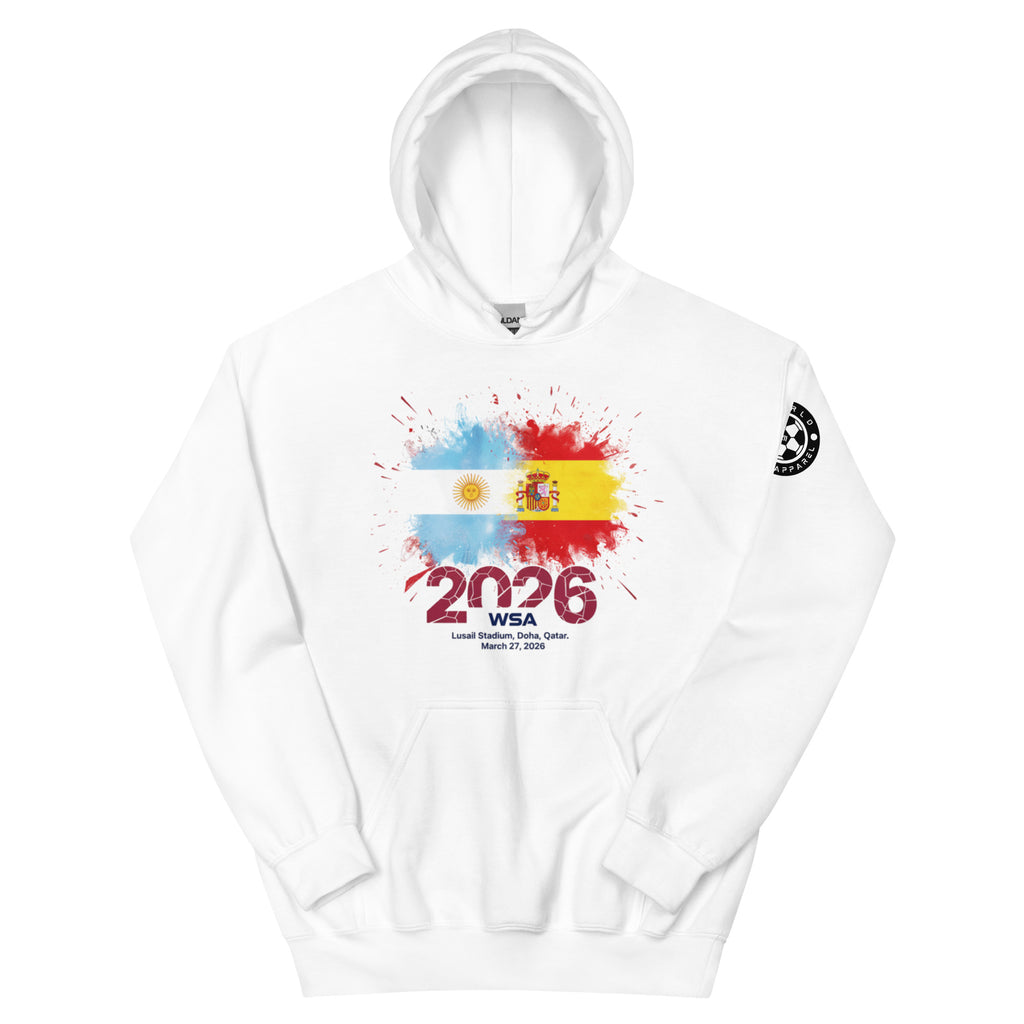 White hoodie with colorful design and text on a white background