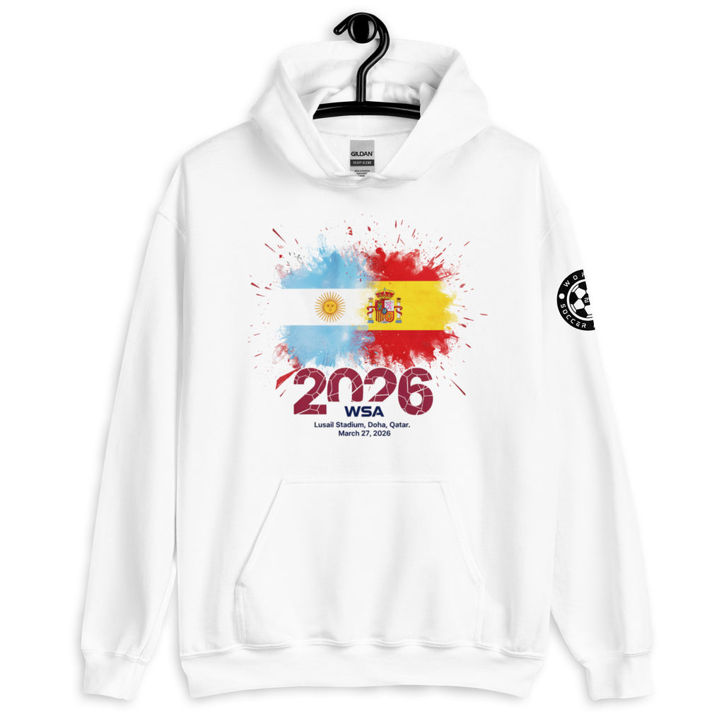 White hoodie with colorful design and text on a white background