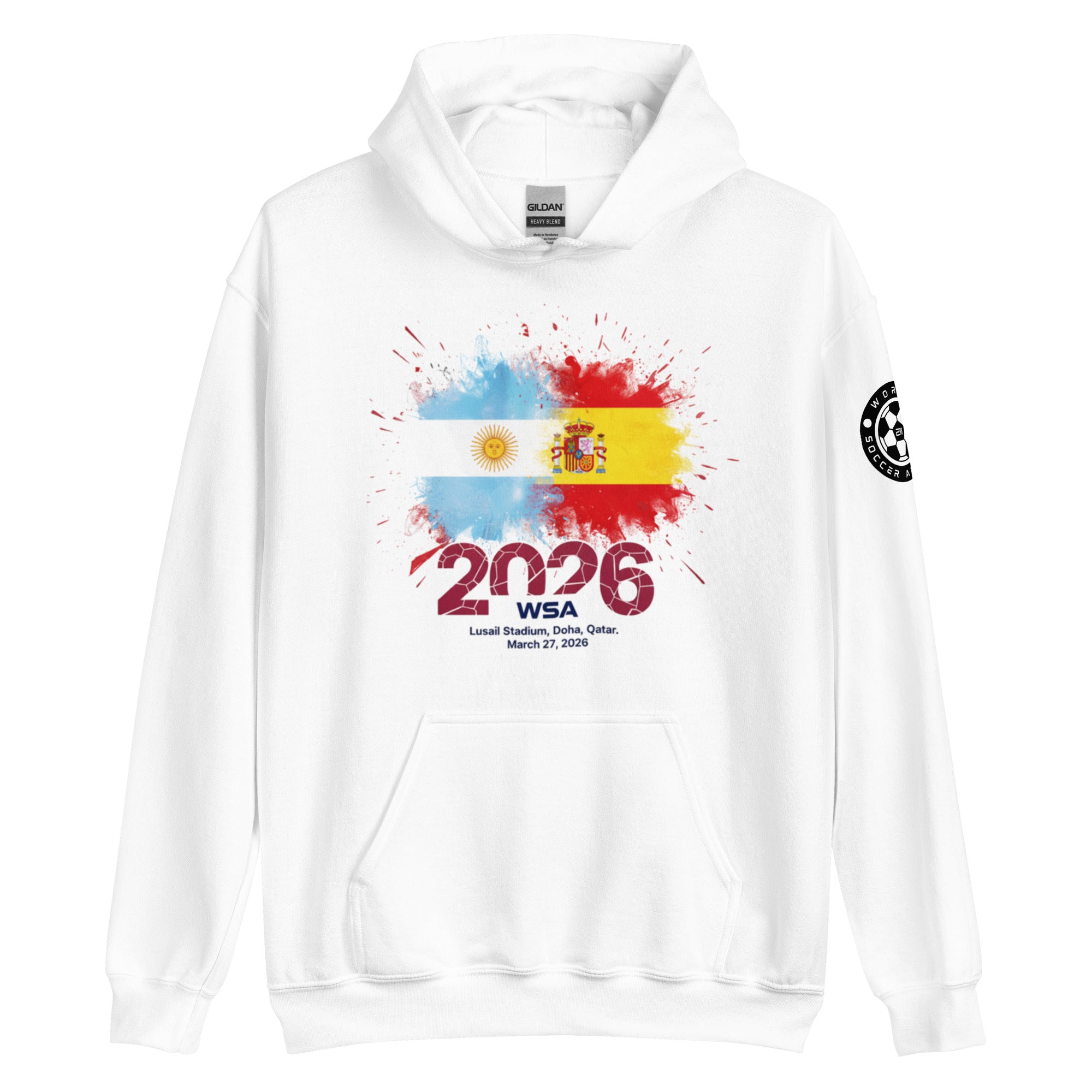 White hoodie with colorful design and text on a white background