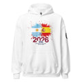 White hoodie with colorful design and text on a white background