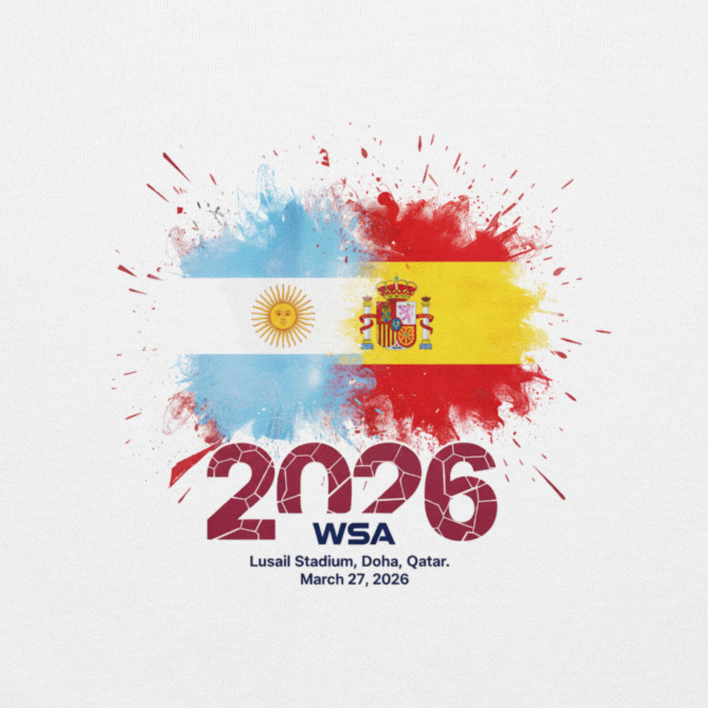 Design with splashes of red, blue, and yellow resembling flags, and text indicating a sports event in 2026.