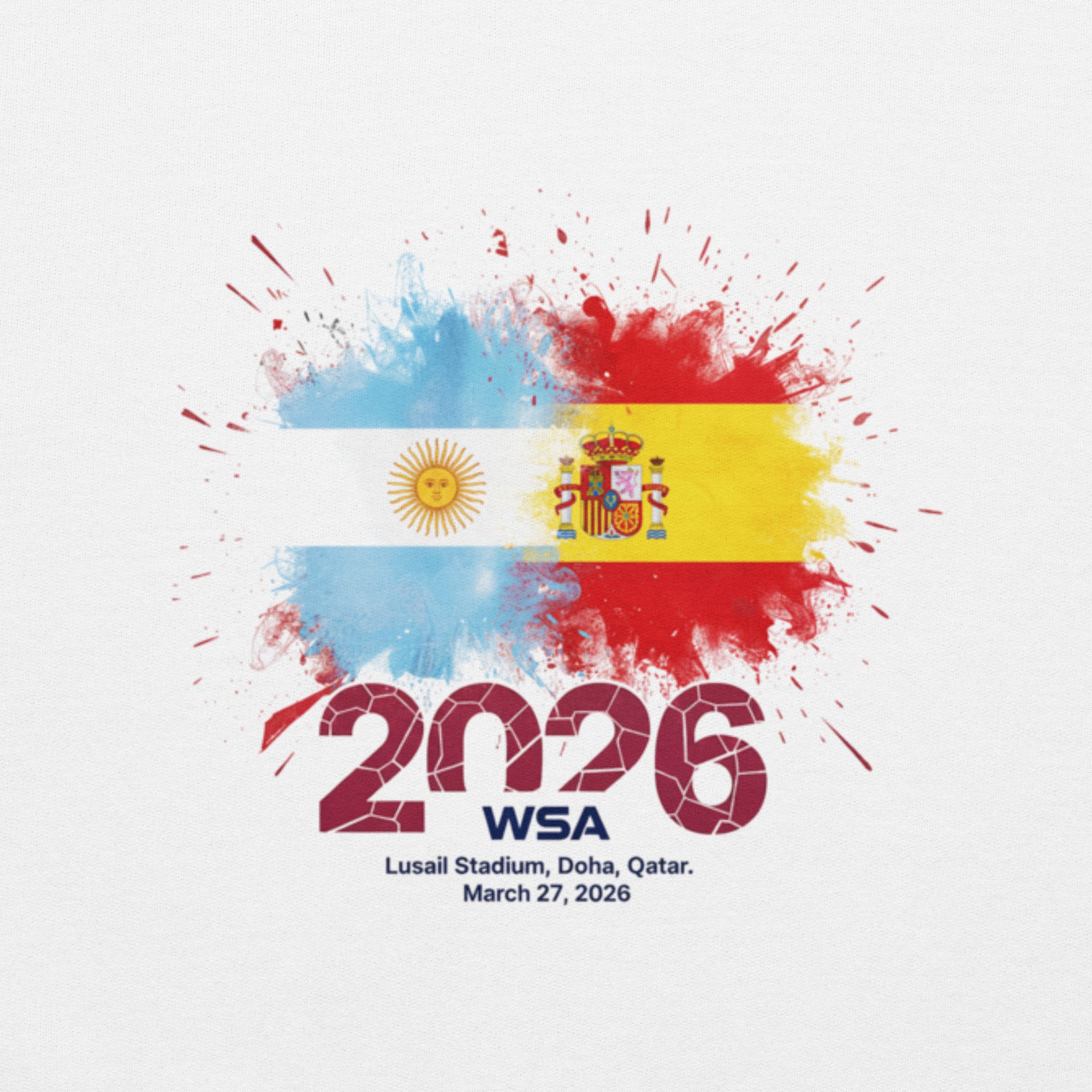 Design with splashes of red, blue, and yellow resembling flags, and text indicating a sports event in 2026.