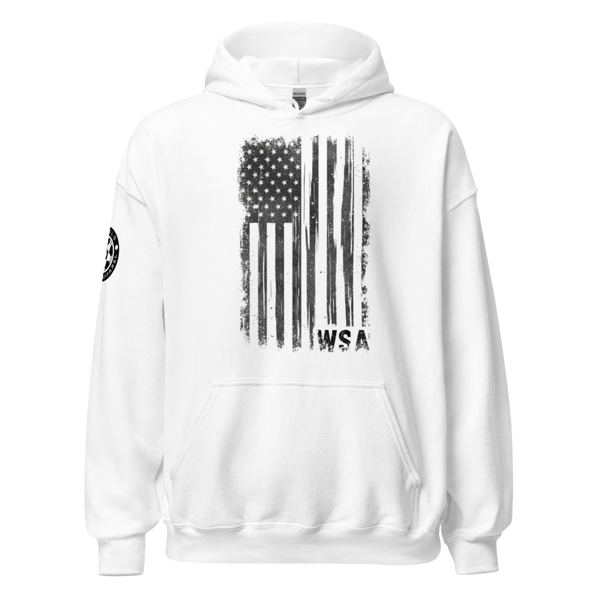 White hoodie with American flag design and 'WSA' text on a white background