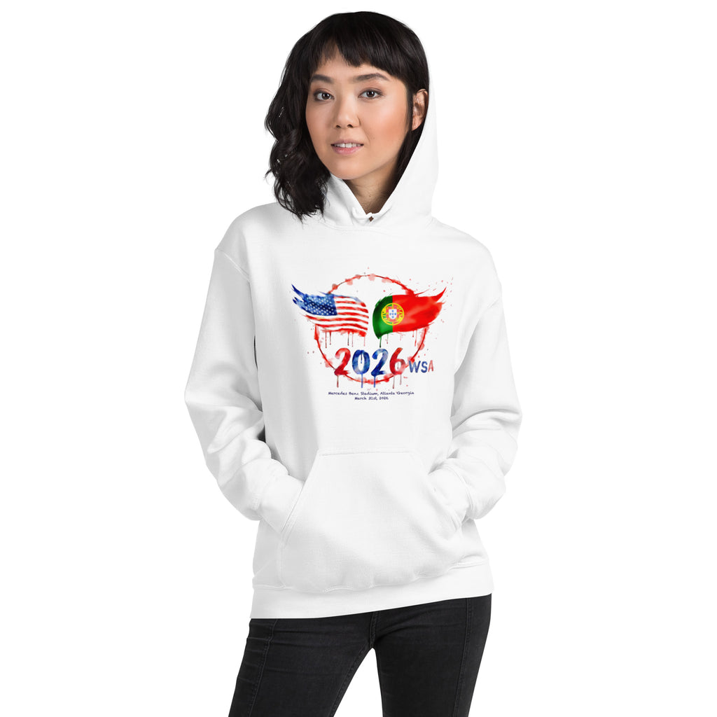 Person wearing a white hoodie with a colorful design on a white background